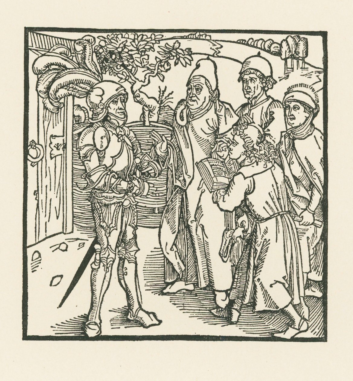 Ridderen bestiller to skrivere og to præster til at samle denne bog af Albrecht Dürer or Duerer