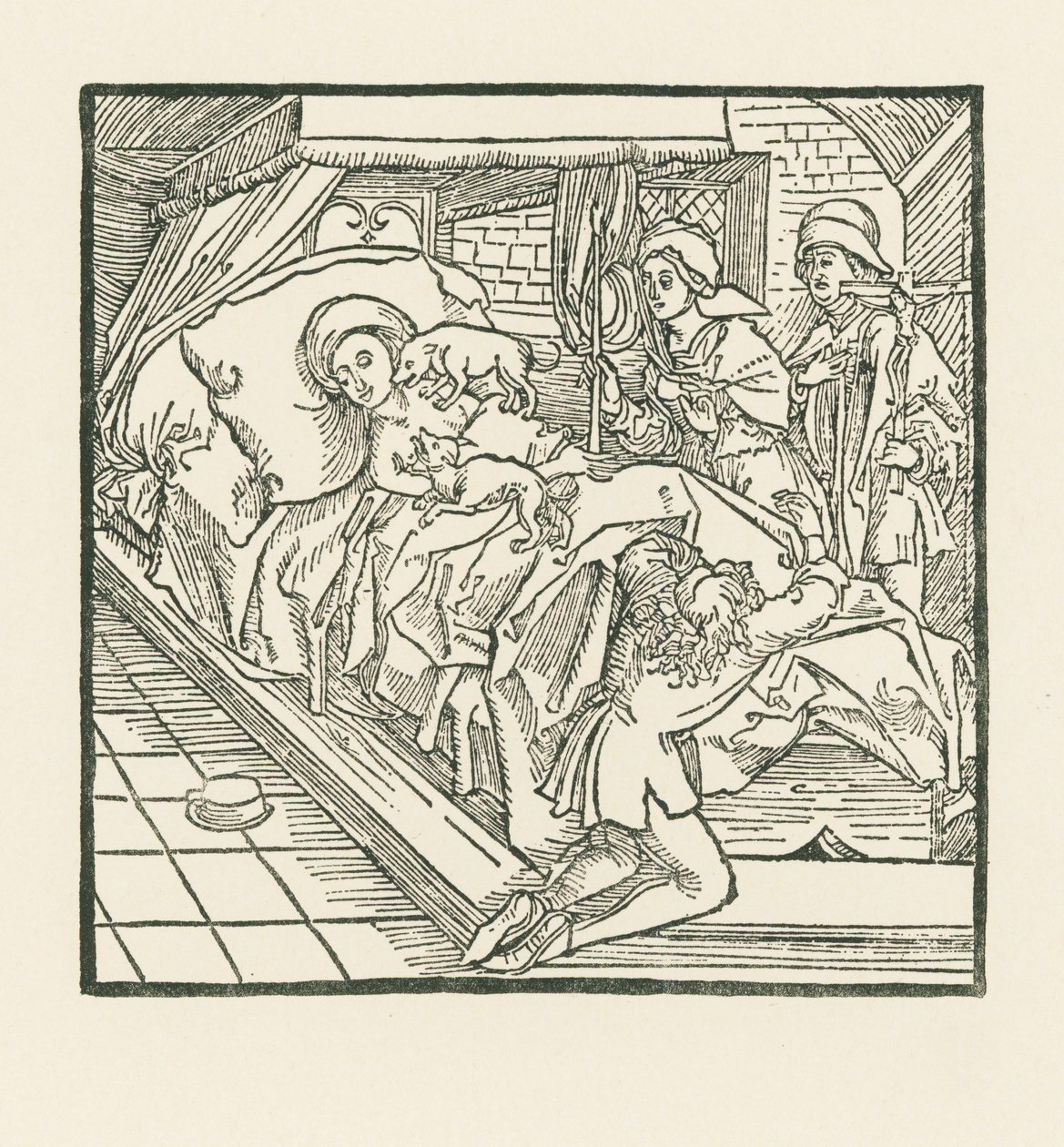 Den adelige hofdame, der fodrede sine hunde så godt, men lod de fattige sulte, bliver efter sin død slikket af hundene, indtil hun bliver sort som kul. af Albrecht Dürer or Duerer