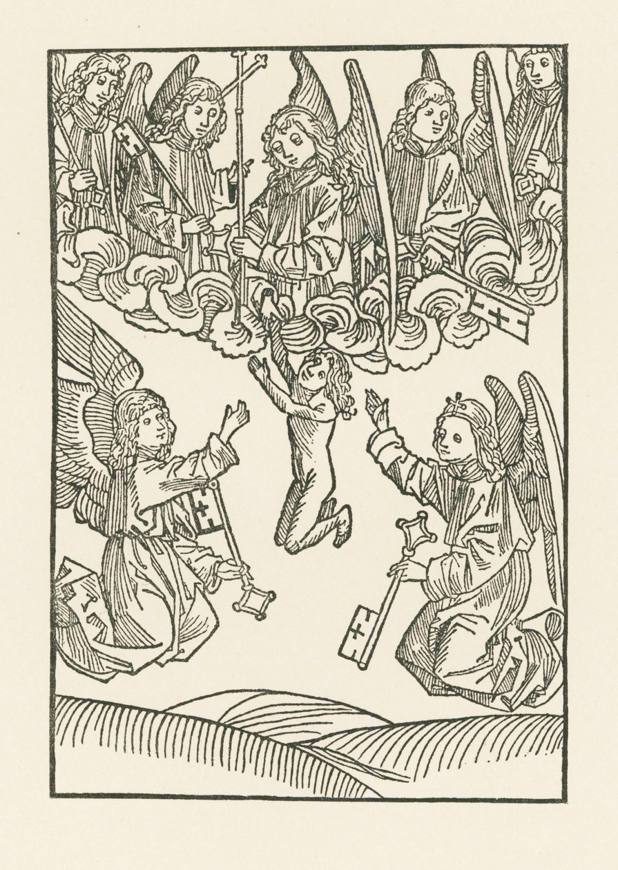 De syv engle med et kors og de seks nøgler, hvormed de åbnede himlen for de seks barmhjertighedsgerninger, modtager en sjæl i himlen. af Albrecht Dürer or Duerer