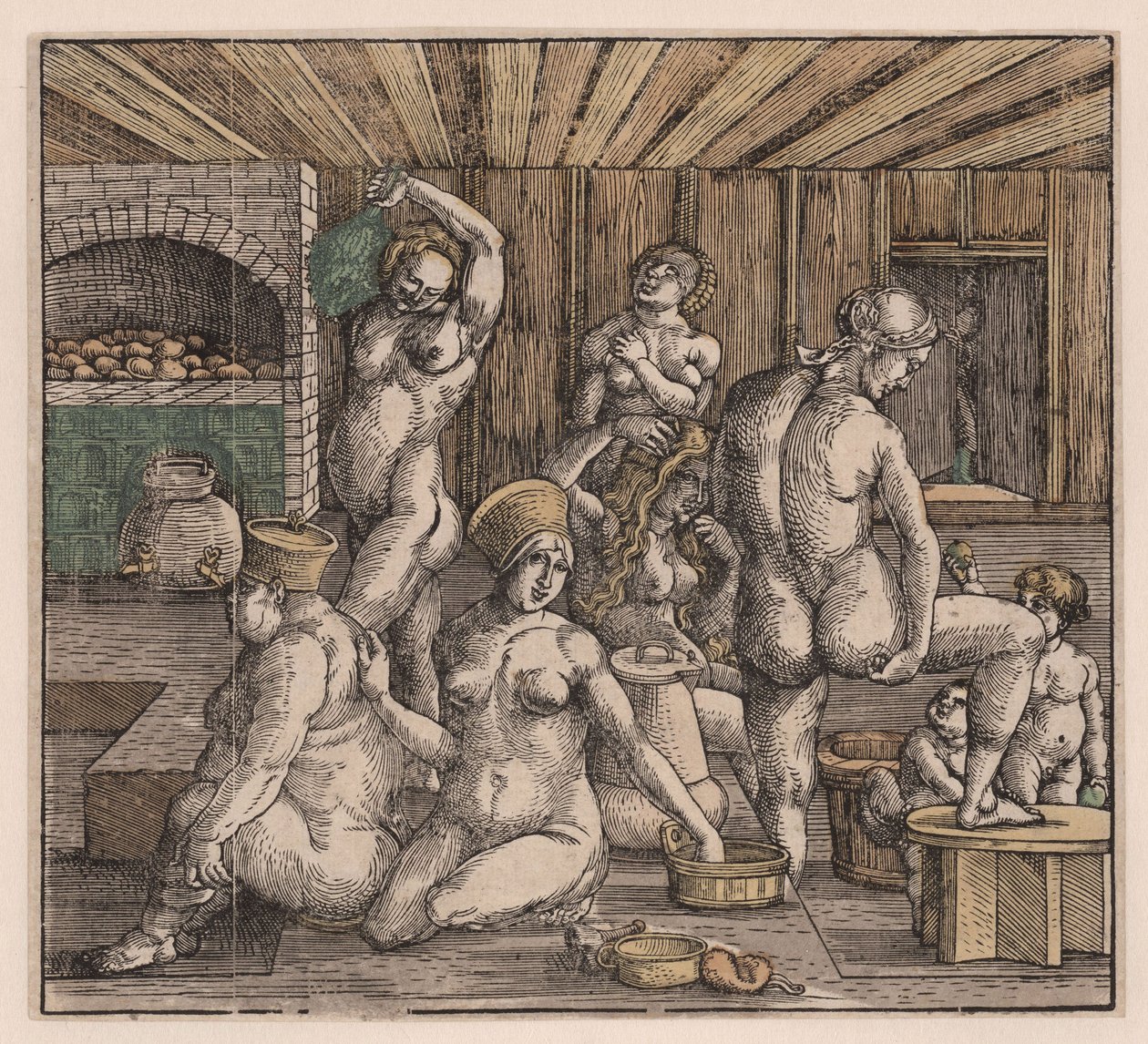 Kvindebadet, af Duerer, Albrecht (1471-1528). Træsnit, akvarel, ca. 1500. Mål: 21,8x23,9 cm. Privat samling af Albrecht Dürer