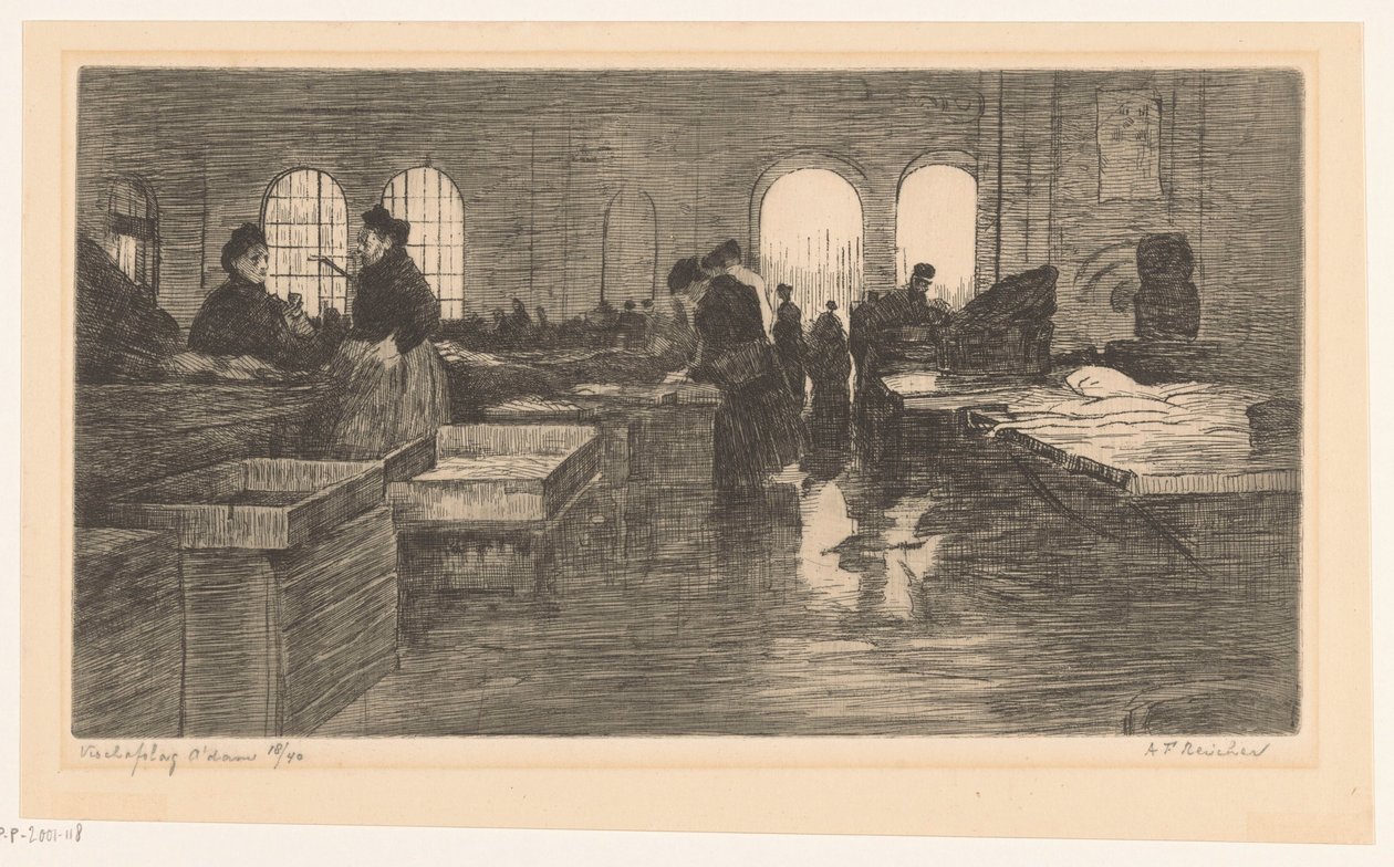 Interiør af Vismarkt på Nieuwmarkt i Amsterdam Amsterdam fiskeauktion (original titel på objektet) af Albrecht Felix Reicher (signed by artist)