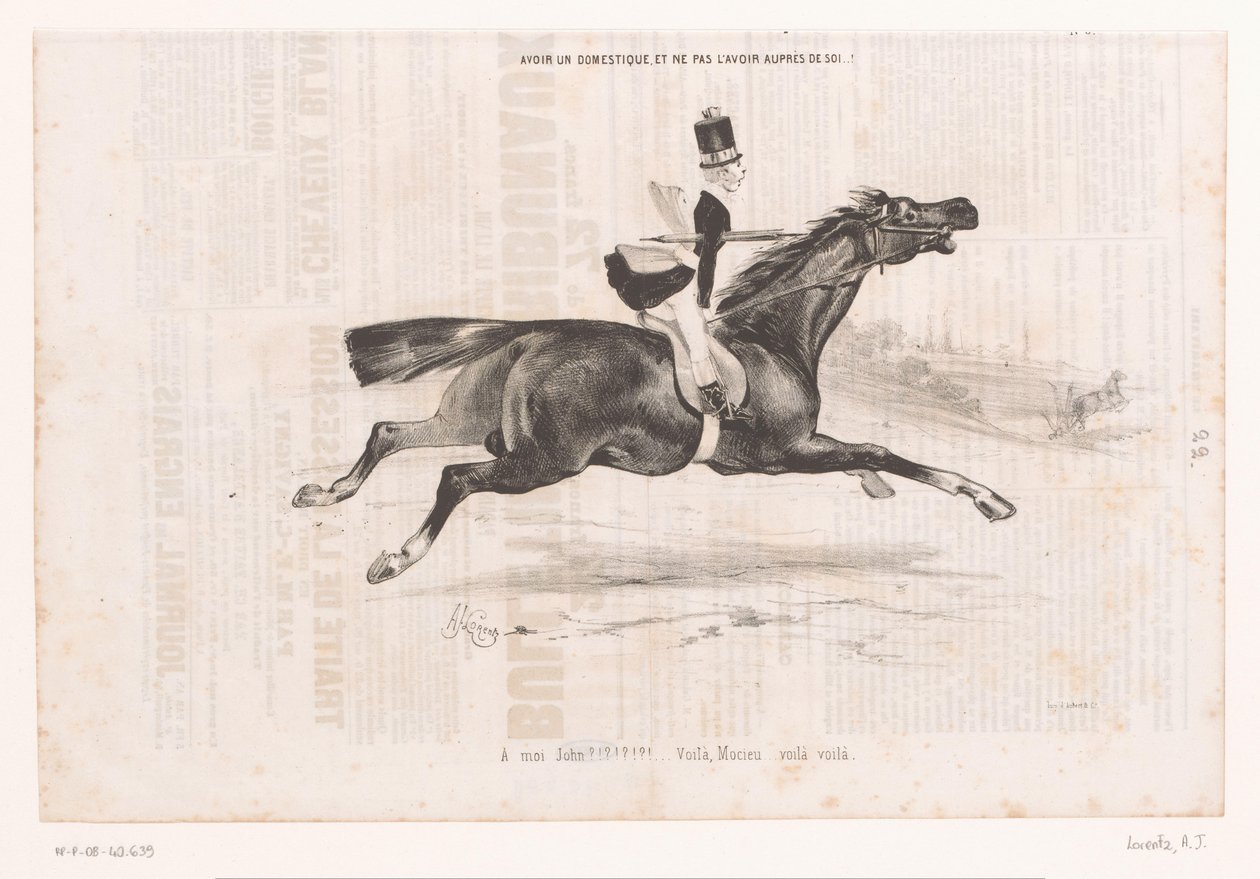 Jongeman op galoperend paard At have en tjener, og ikke at have ham med..! (titel på objekt) Kleine geneugten van het paardrijden (serietitel) De små glæder ved ridning (serietitel på objekt) af Alcide Joseph Lorentz