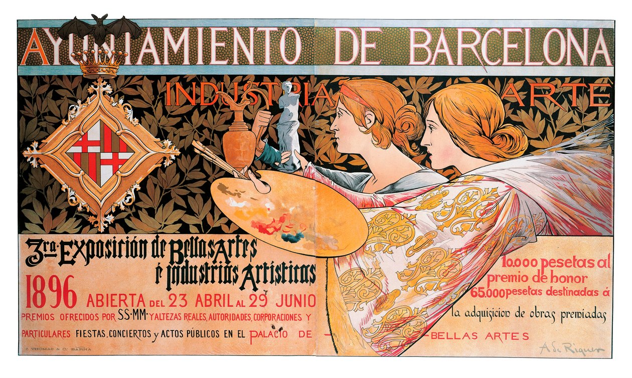 Plakat for den tredje "Exposition of Fine Arts and artistic industries" i Barcelona i 1896 - Litografi af Alexandre de Riquer i Ynglada (1856-1920) af Alejandro de Riquer