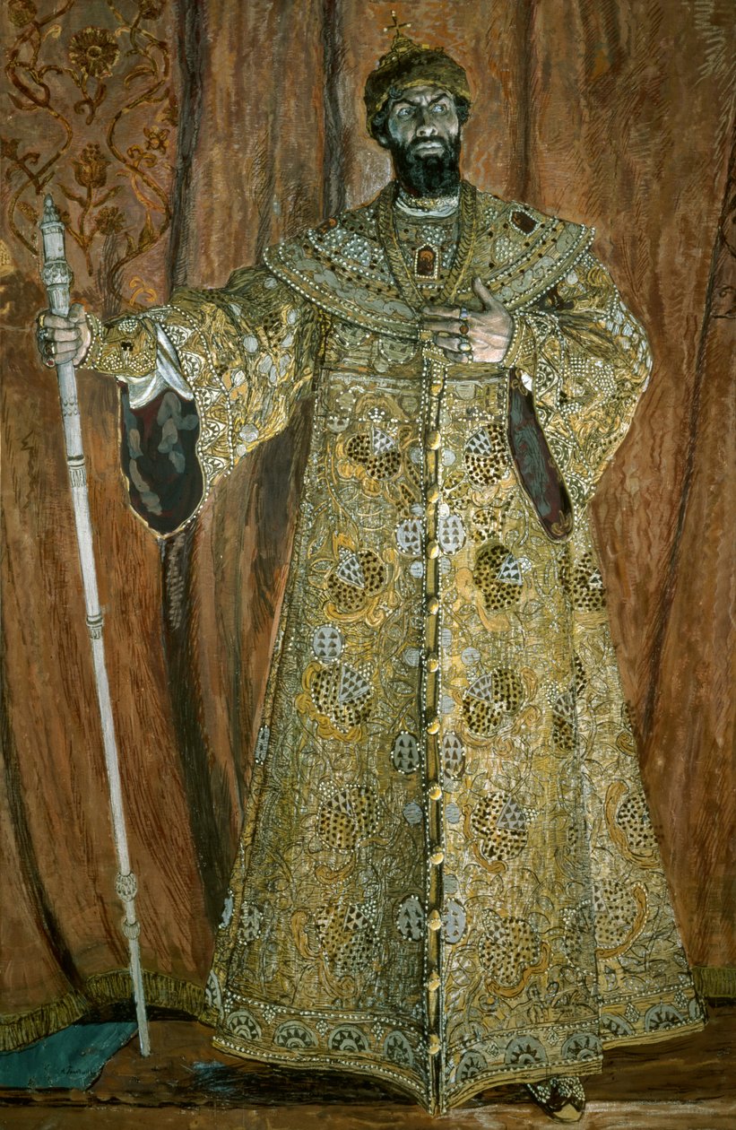 Portræt af Feodor Ivanovich Chaliapin (1873-1938) som Boris Godunov, 1912 (gouache, pastel, kridt og guld på lærred) af Aleksandr Jakovlevic Golovin