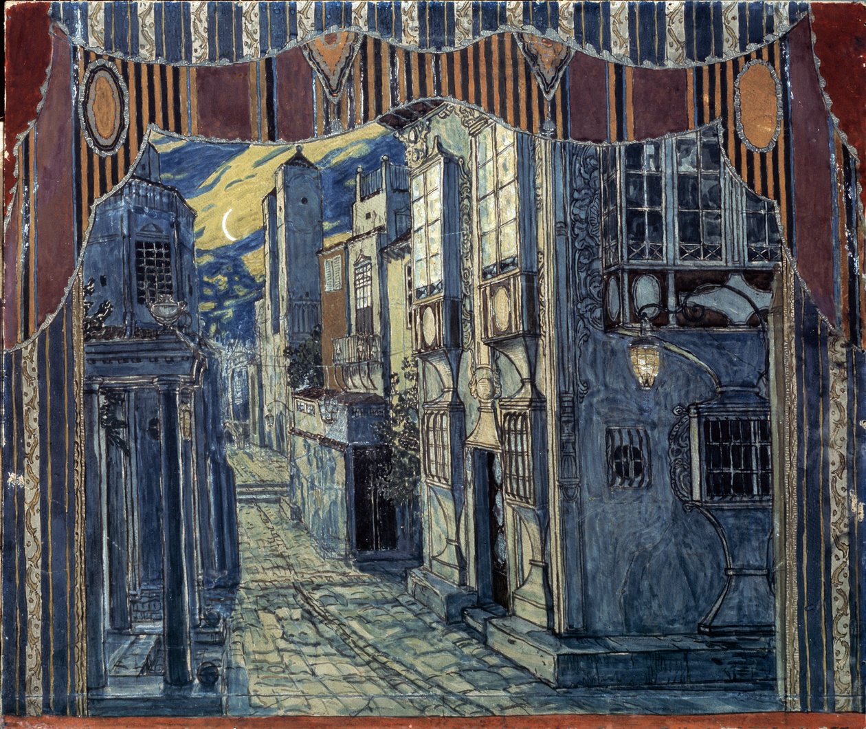 Scenografi til Barberen i Sevilla, af Gioachino Rossini, 1924 af Aleksandr Jakovlevic Golovin