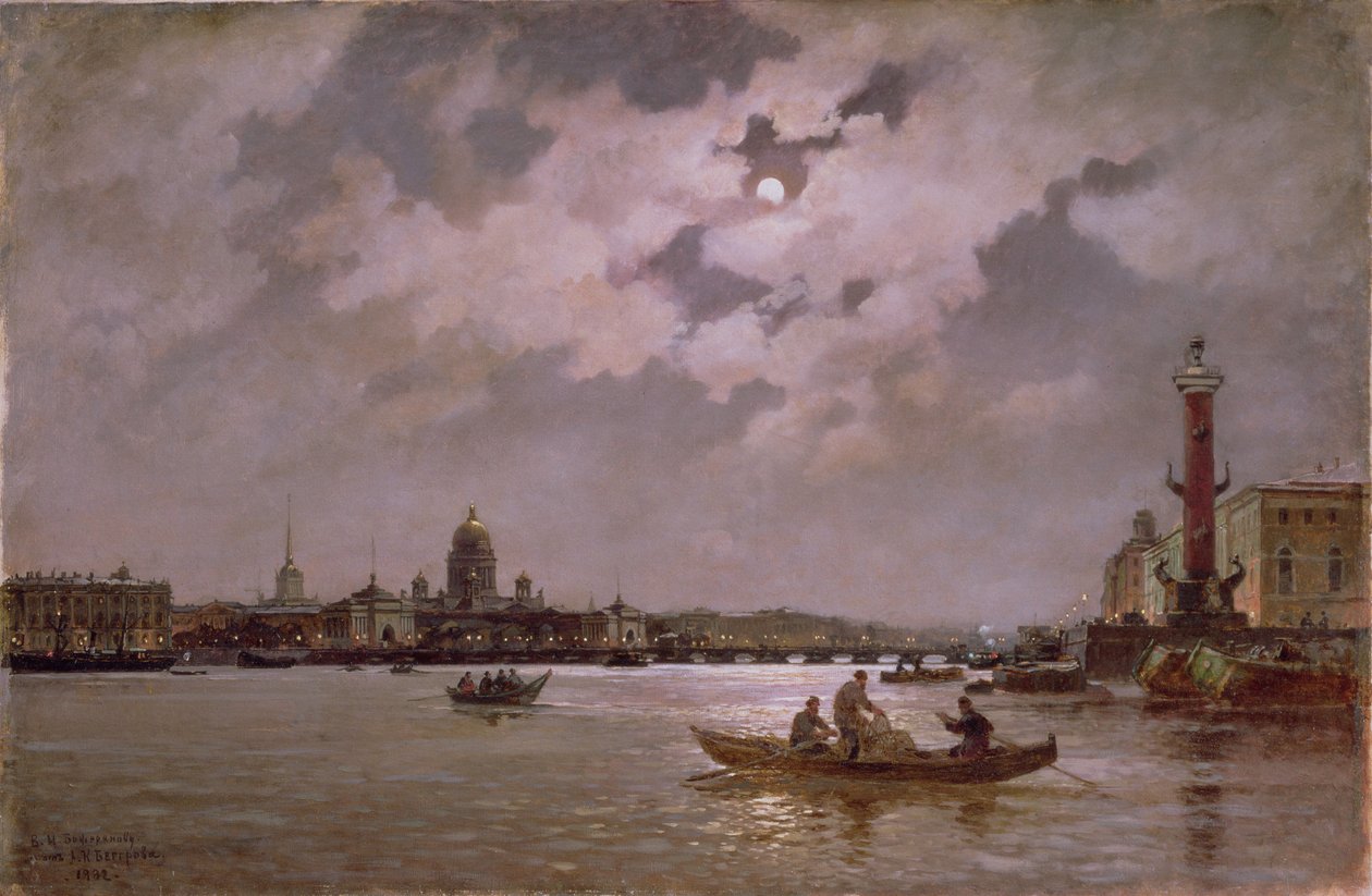 Udsigt over Neva og Admiralteyskaya-dæmningen i måneskin, 1882 af Aleksandr Karlovich Beggrov