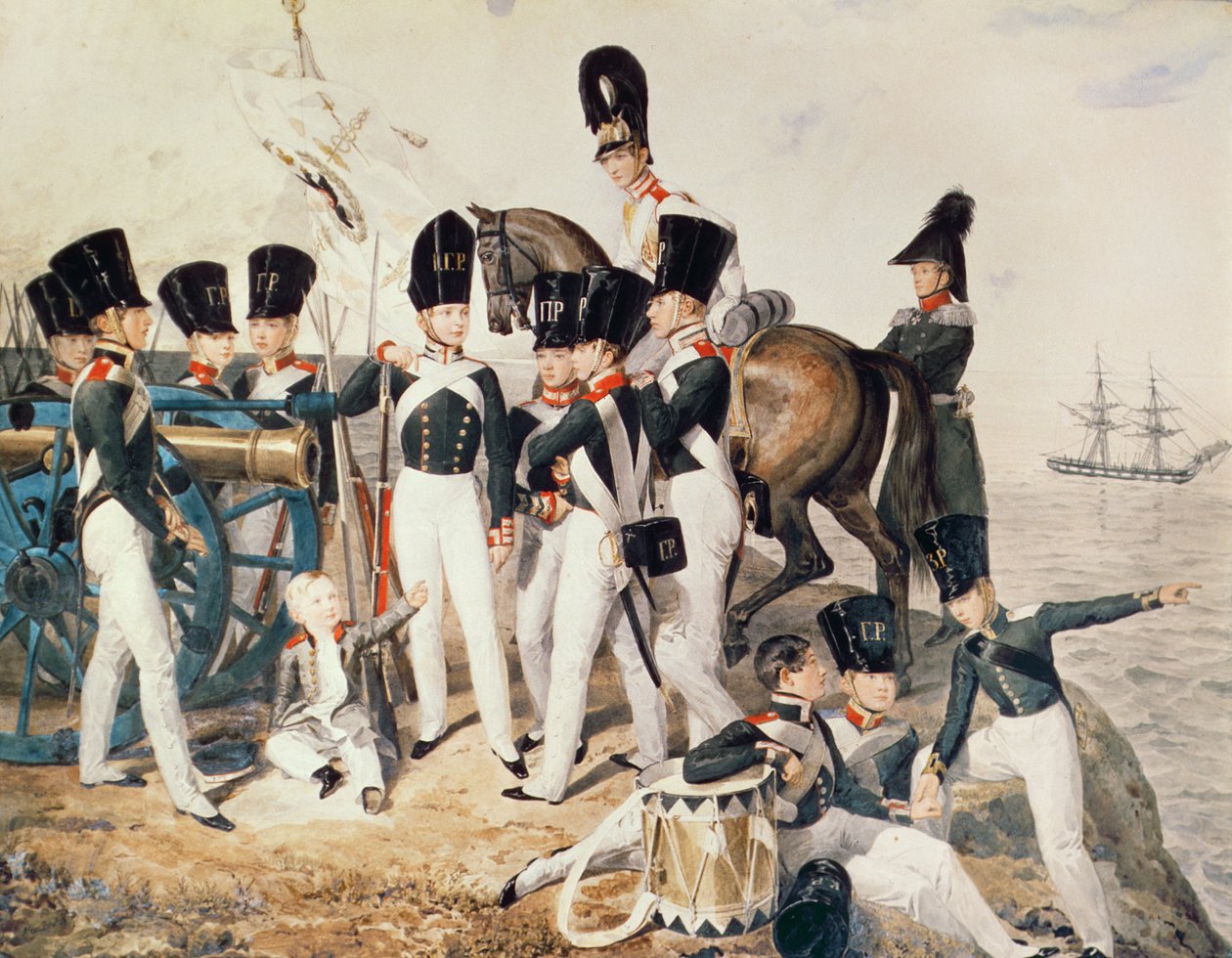 Tsarevich Alexander (1818-81) med sine kadetter ved Peterhof, ca. 1823 af Aleksandr Pavlovich Bryullov