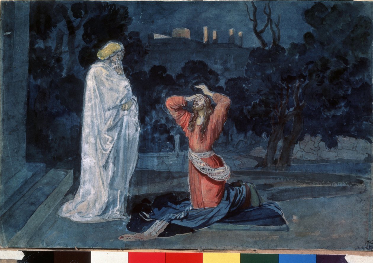 Jesus i Oliehaven (eller Getsemane Have) (Jesus i Getsemane Have). Værk af Alexander Andreyevich Ivanov (1806-1858), akvarel på papir, ca. 1840. Russisk kunst fra det 19. århundrede. Statens Tretyakov-galleri, Moskva (Rusland). af Aleksandr Andreevich Ivanov
