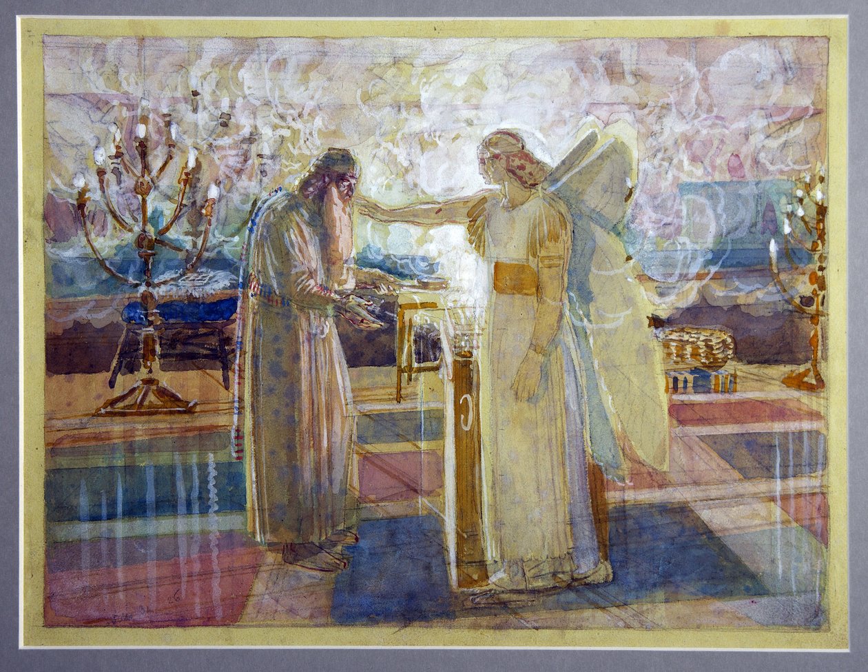 Ærkeenglen Gabriel slår Zacharias dum - Værk af Alexander Andreyevich Ivanov (1806-1858), akvarel og hvidt på papir (26,2x39,9 cm), slutningen af ​​1840 - (Ærkeenglen Gabriel slår Zacharias dum, akvarel og hvidt på papir af Alexander Andreyevich Ivanov) af Aleksandr Andreevich Ivanov