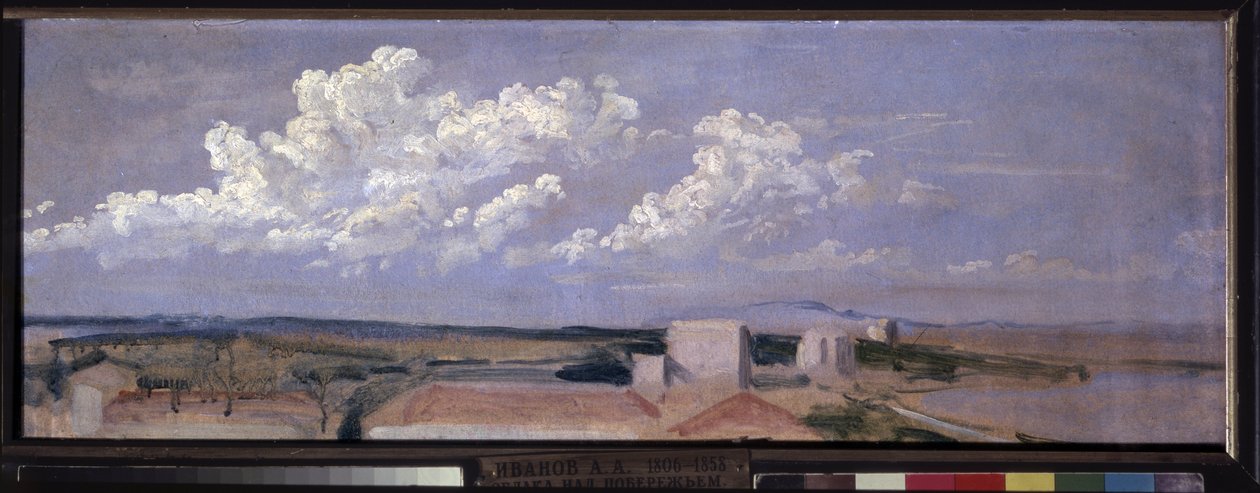Skyer over havkysten. Landskab med et par huse langs kysten, toppet af store hvide skyer. Værk af Alexander Andreyevich Ivanov (1806-1858), olie på papir af Aleksandr Andreevich Ivanov