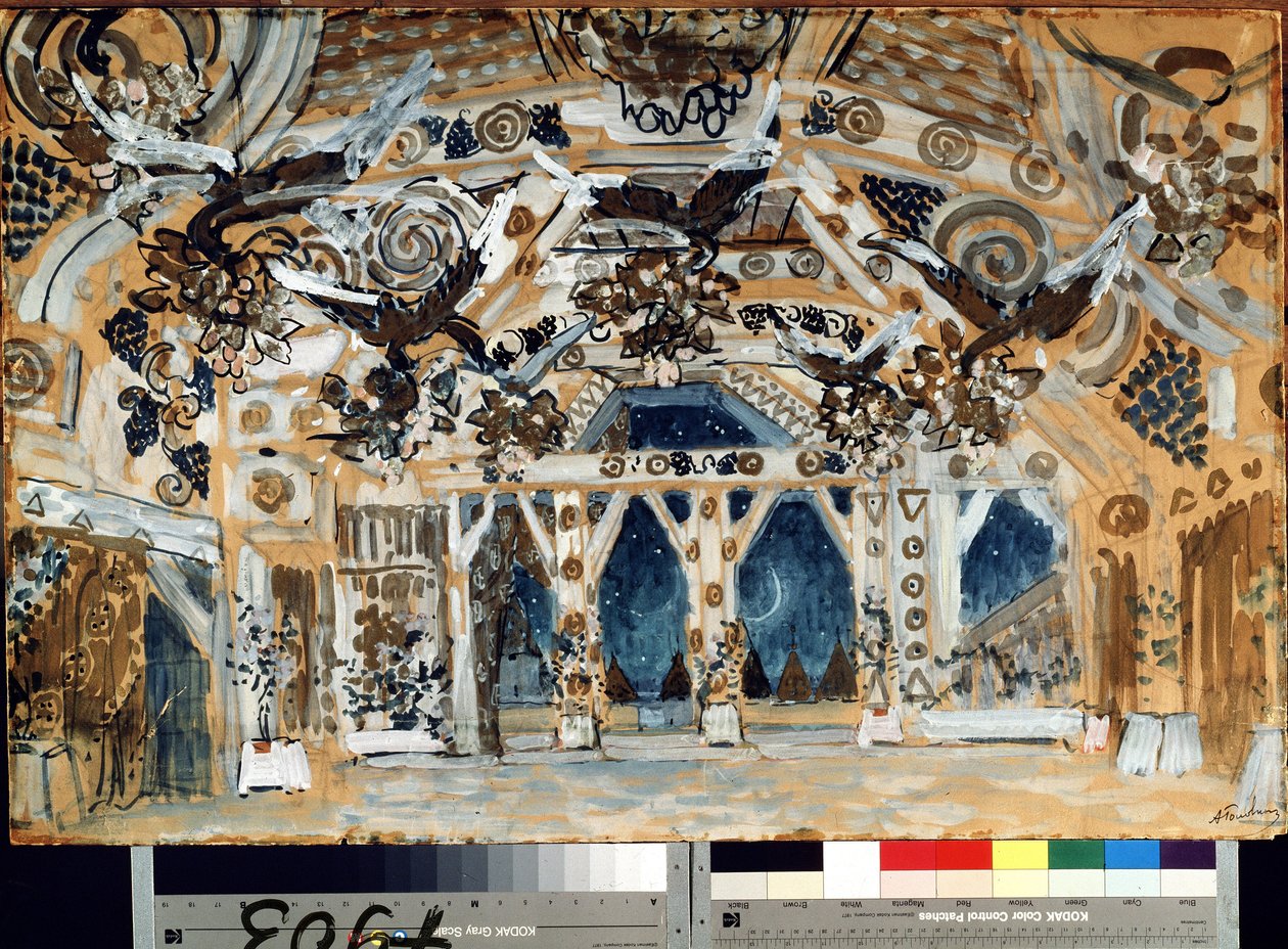 Decor pour la piece de theater La Dame de la mer de Henrik (Henri) Johan Ibsen (1828-1906) (Scenedesign til teaterstykket Fruen fra havet af H. Ibsen). Oeuvre af Alexander Yakovlevich Golovin (Alexandre Golovine) (1863-1930), pastel på karton af Aleksandr Jakovlevic Golovin