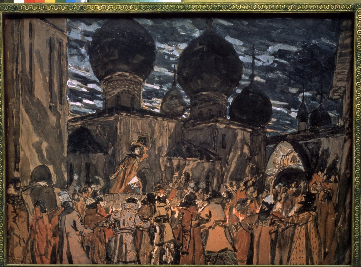 Scene til operaen The Pskov Maiden af ​​Nicholas Rimsky-Korsakov (1844-1908) (Scenedesign til operaen The Pskov Maiden af ​​N. Rimsky-Korsakov). Værker af Alexander Yakovlevich Golovin (Al af Aleksandr Jakovlevic Golovin