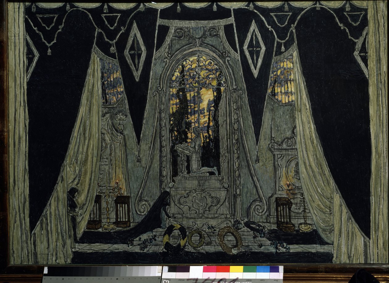 Udsmykning til operaen ""Le guest de pierre"" af Alexandre Dargomyjski (1813-1869) (Scenedesign til operaen Stengæsten af ​​A. Dargomyzhsky). Værk af Alexander Yakovlevich Golovin (Alexander Golovin) (1863-1930), olie på træ af Aleksandr Jakovlevic Golovin