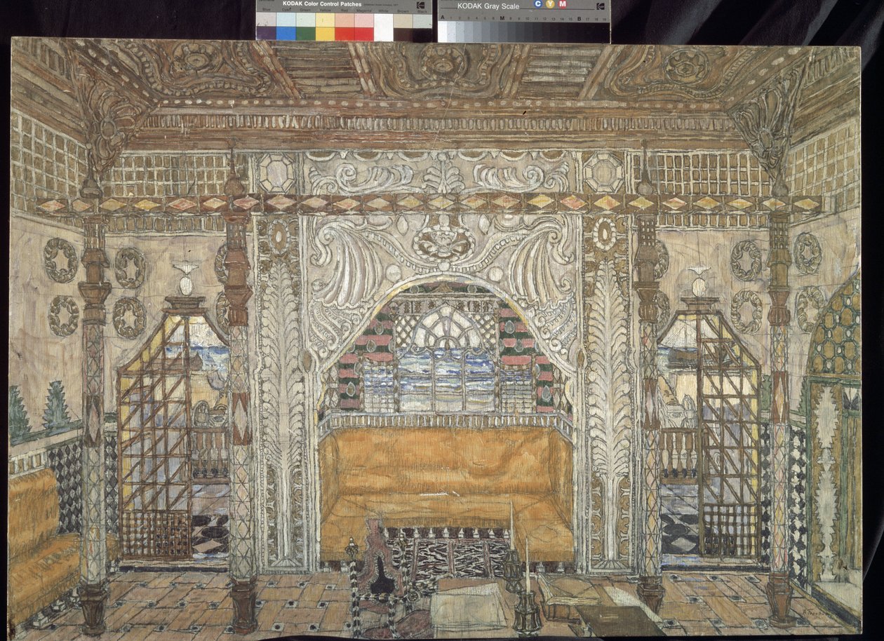 Decor preparatoire pour la stykke ""Othello"" af William Shakespeare (1564-1616) (Scenedesign til skuespillet Othello af William Shakespeare) - Peinture de Alexander Yakovlevich Golovin (Alexandre Golovine) (1863-1930), tempera sur bois af Aleksandr Jakovlevic Golovin