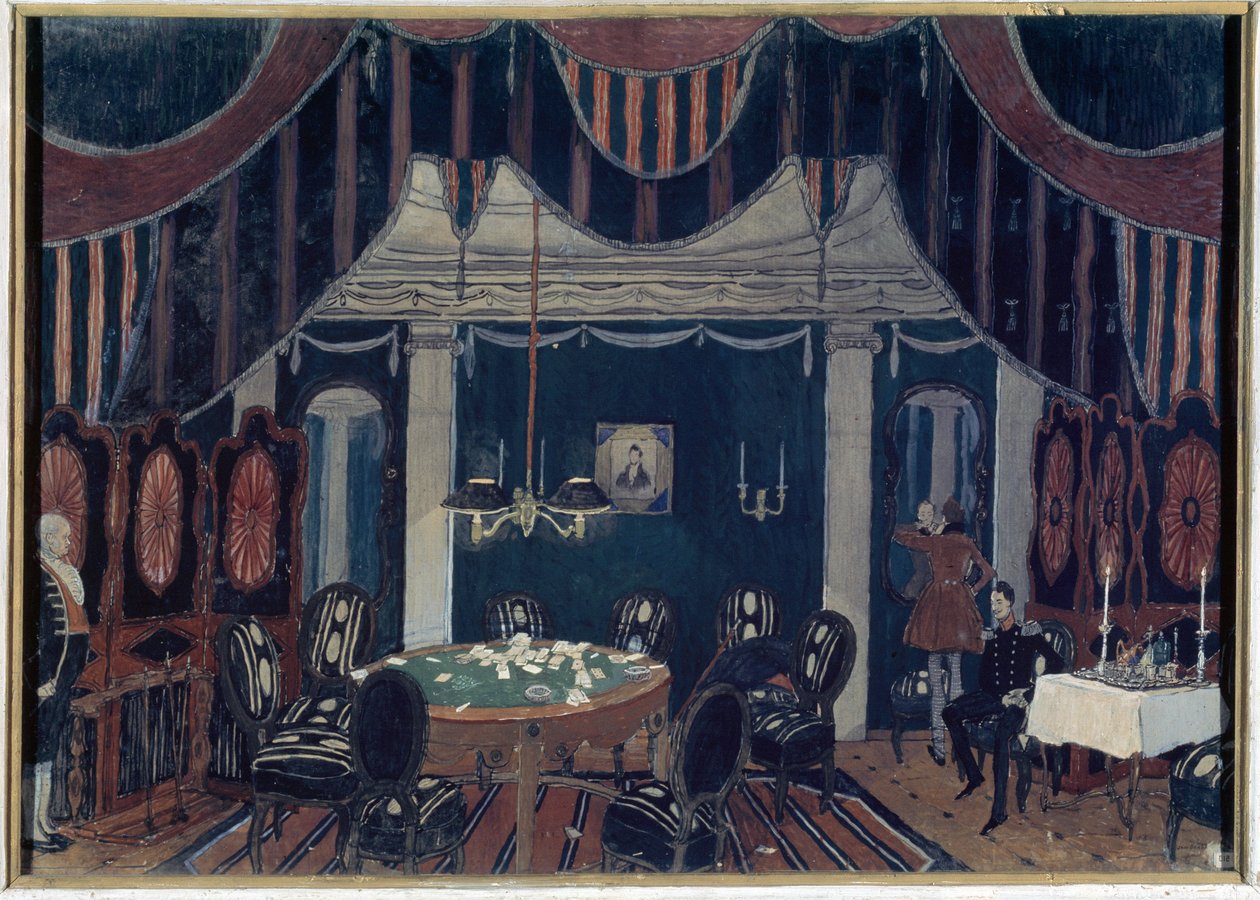 Decor preparatoire pour la piece de theater ""La mascarade"" af Mikhail Lermontov (1814-1841) (Scenedesign til teaterstykket Maskeraden af Mikhail Lermontov) - Peinture af Alexander Yakovlevich Golovin (Alexandre Golovine) (1863-1930), tempera sur af Aleksandr Jakovlevic Golovin