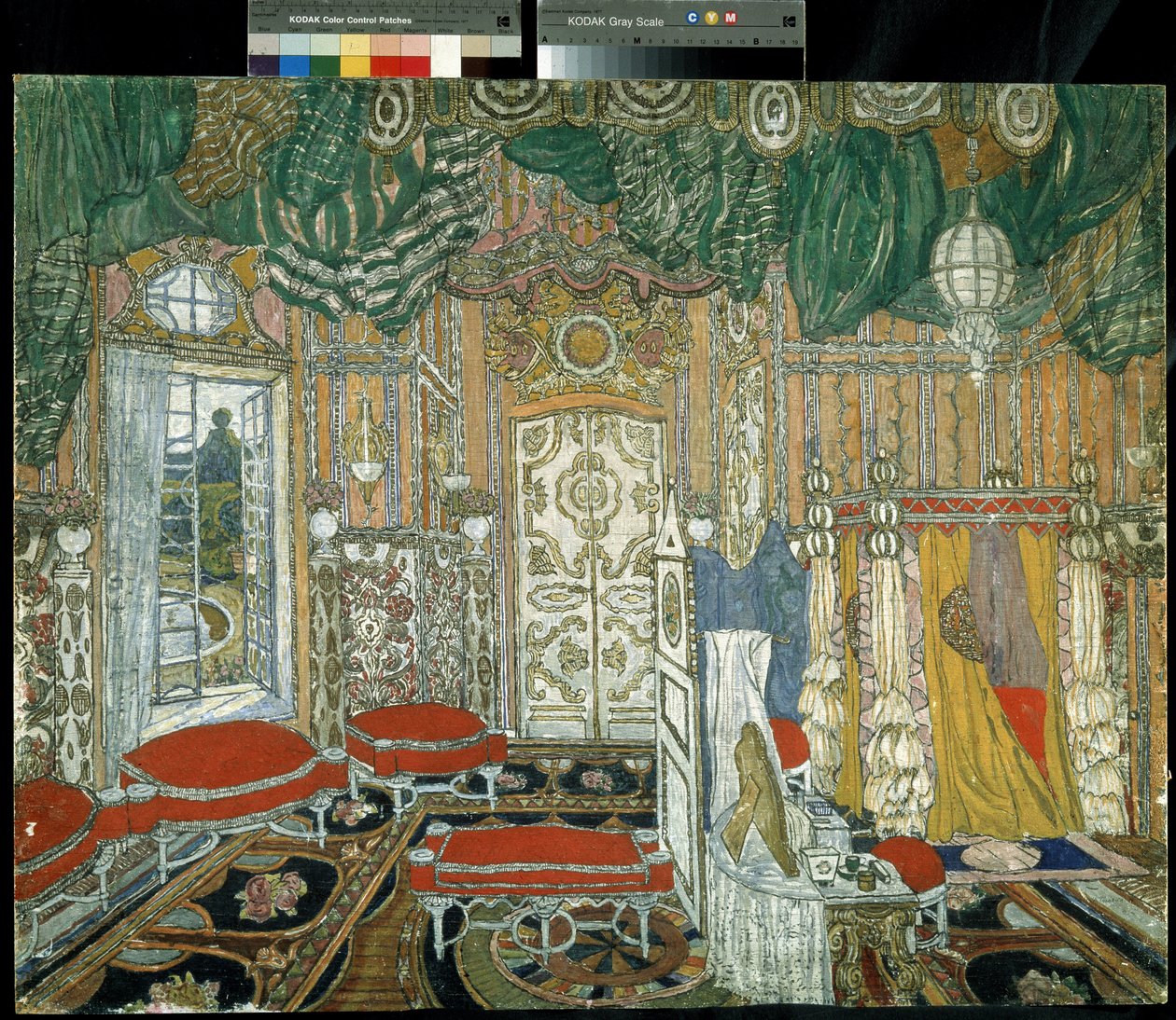Forberedende indretning til teaterstykket Figaros bryllup af Pierre Augustin Caron de Beaumarchais (1732-1799) (Scenedesign til teaterstykket Figaros bryllup af P. de Beaumarchais). Maleri af Alexander Yakovlevich Golovin (Alexander Gol af Aleksandr Jakovlevic Golovin
