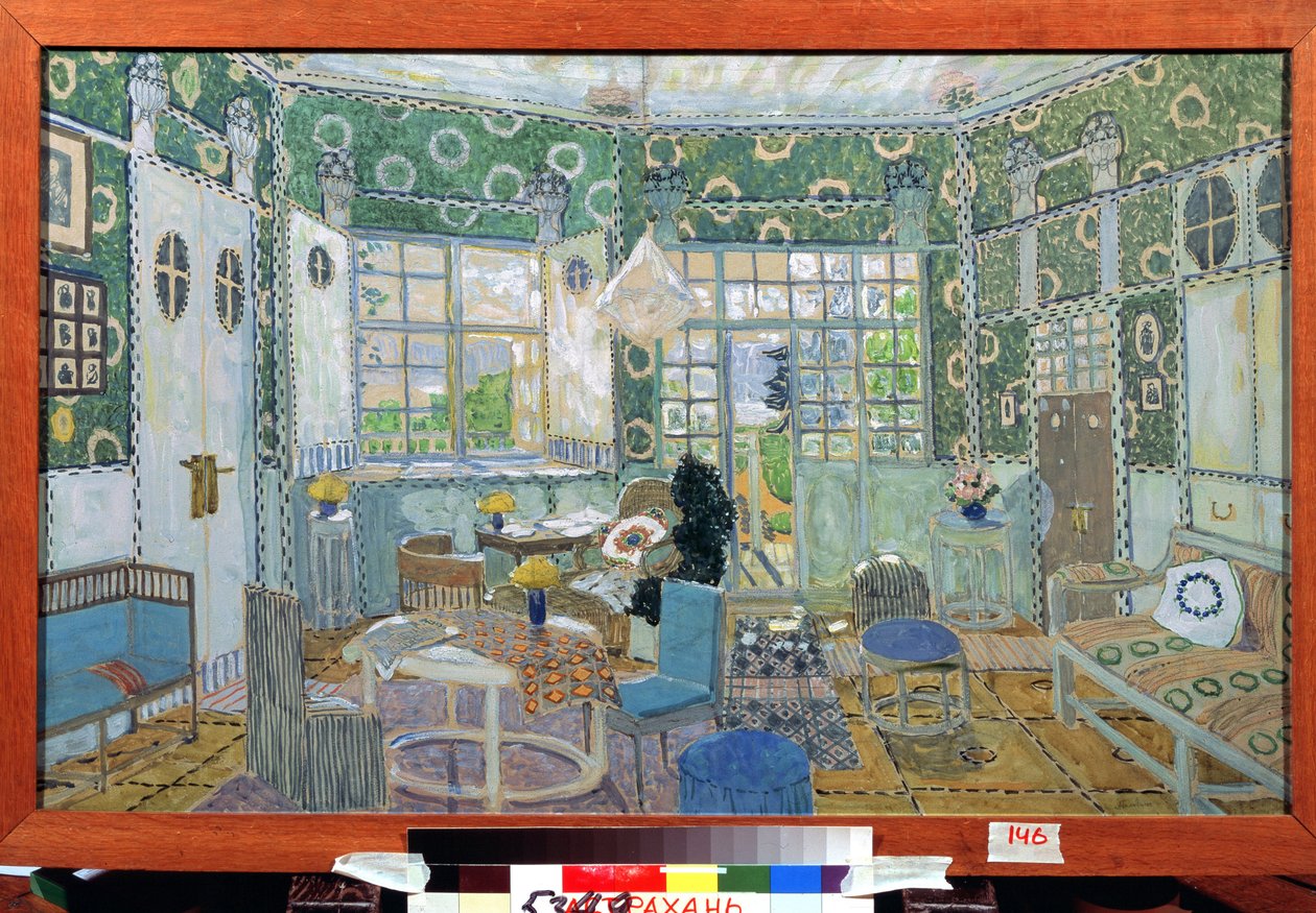 Forberedende indretning til skuespillet le petit Eyolf af Henrik (Henri) Johan Ibsen (1828-1906) (Scenedesign til Teaterstykket Lille Eyolf af H.Ibsen). Værk af Alexander Yakovlevich Golovin (Alexander Golovin) (1863-1930), akvarel på pap af Aleksandr Jakovlevic Golovin