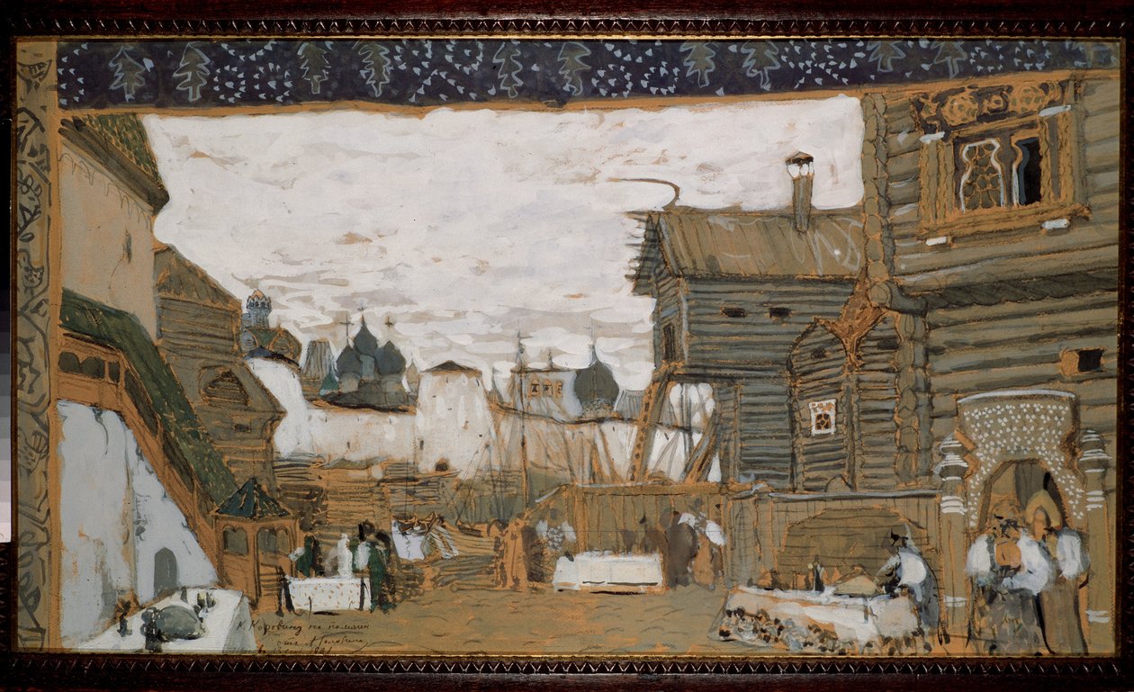 Forberedende scene til operaen Pskov-jomfruen af ​​Nicholas (Nikolai) Rimsky Korsakov (Rimsky-Korsakov) (1844-1908) (Scenedesign til Operaen Pskov-jomfruen af ​​N.Rimsky Korsakov (Rimsky-Korsakov). Udsigt over en børns anime sted af Aleksandr Jakovlevic Golovin