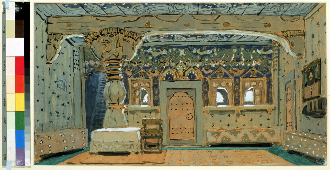 Forberedende scene til operaen The Pskovitaine (Jomfruen af ​​Pskov) af Nicholas Rimsky Korsakov (Rimsky-Korsakov) (1844-1908) ( Scenedesign til operaen Pskov Jomfruen, af N.Rimsky Korsakov (Rimsky-Korsakov).Værker af Alexander Yakvlevic af Aleksandr Jakovlevic Golovin