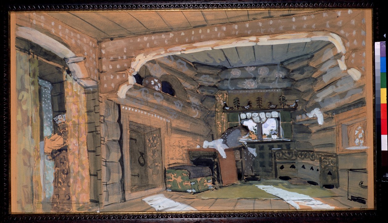 Forberedende scene til operaen Pskov Jomfruen af ​​N.Rimsky Korsakov (Rimsky-Korsakov) (1844-1908). Beskrivelse af det indre af en af Aleksandr Jakovlevic Golovin