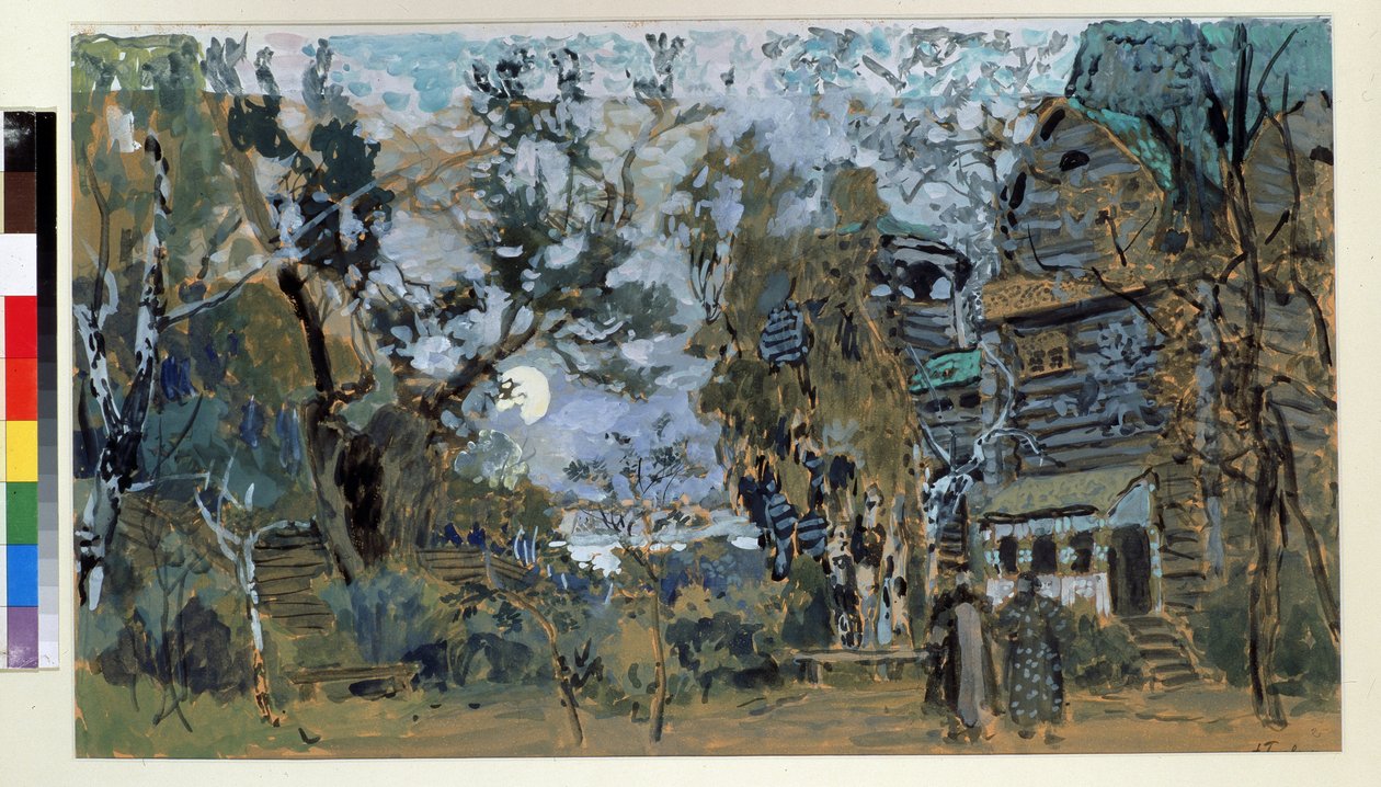 Forberedende scene til operaen The Pskovitaine (Jomfruen af ​​Pskov) af Nicholas Rimsky Korsakov (Rimsky-Korsakov) (1844-1908) ( Scenedesign til operaen Pskov Jomfruen, af N.Rimsky Korsakov (Rimsky-Korsakov).Værker af Alexander Yakvlevic af Aleksandr Jakovlevic Golovin