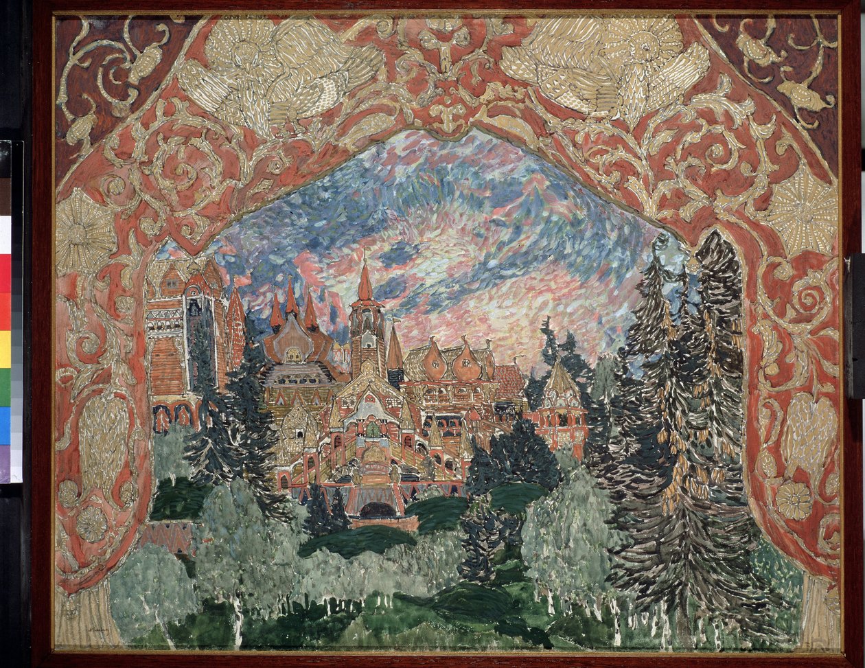Forberedende indretning til operaen The Magic Mirror af Arseny Korechchenko (1870-1921) (Scenedesign til operaen The Magic Mirror af A.Koreshchenko). Beskrivelse af en russisk by i skoven, indrammet af dekorerede gardiner. Kunstværk af Alexander Yakovlevic af Aleksandr Jakovlevic Golovin