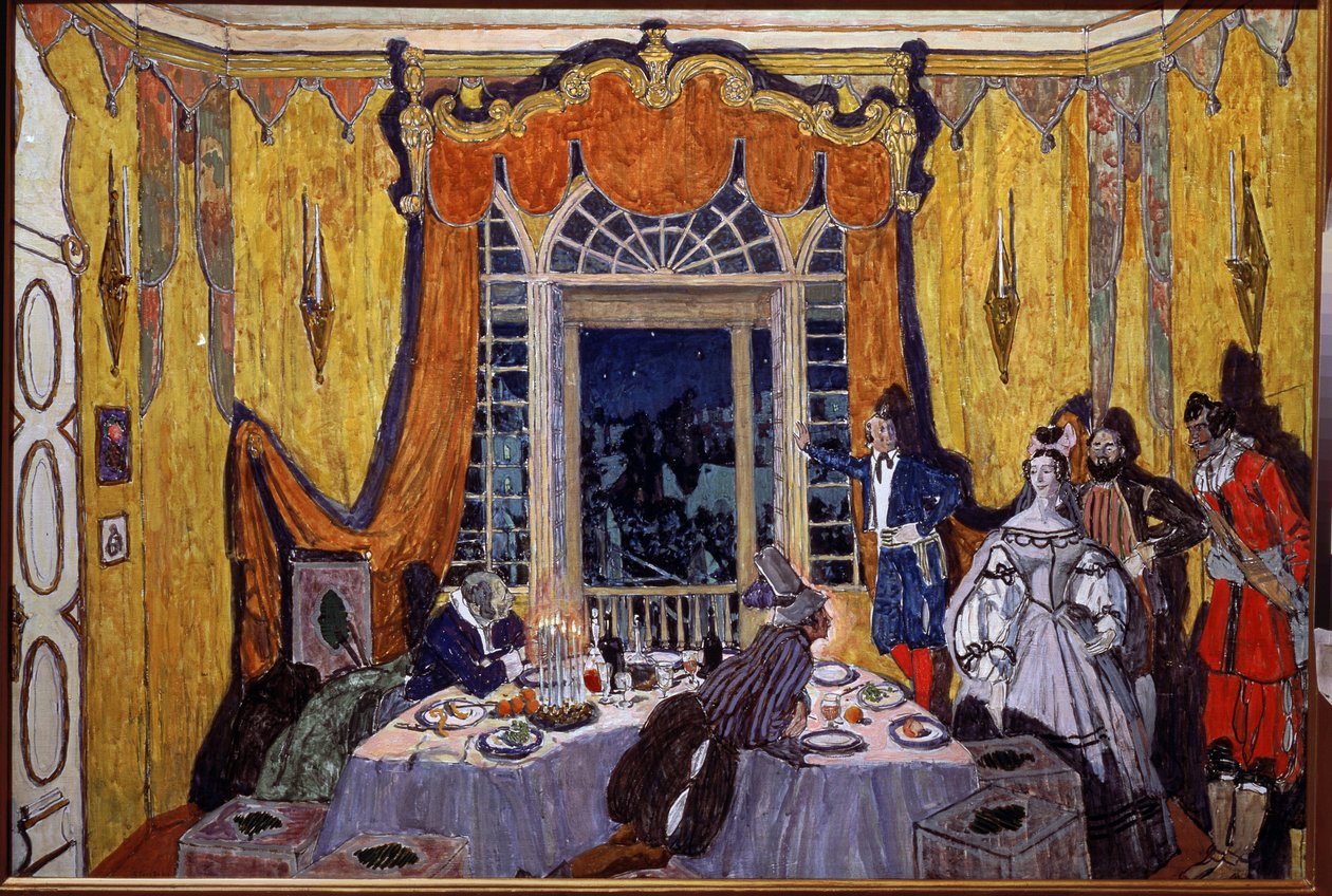 Forberedende indretning til operaen ""Le guest de pierre"" af Alexandre Dargomyjski (1813-1869) (Scenedesign til operaen Stengæsten, af A. Dargomyzhsky). Maleri af Alexander Yakovlevich Golovin (Alexander Golovin) (1863-1930), olie på træ af Aleksandr Jakovlevic Golovin
