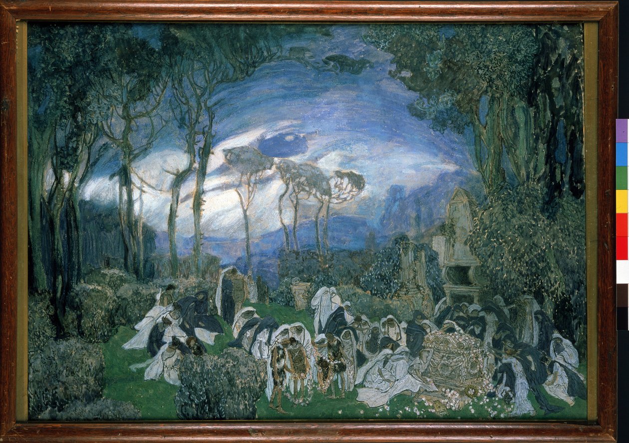 Forberedende indretning til operaen Orpheo et Eurydice, af Christoph Willibald Gluck (1714-1787) (Scenedesign til operaen Orpheo og Euridice af Ch. Gluck). Værk af Alexander Yakovlevich Golovin (Alexandre Golovine) (1863-1930), gouache og pastel på lærred af Aleksandr Jakovlevic Golovin