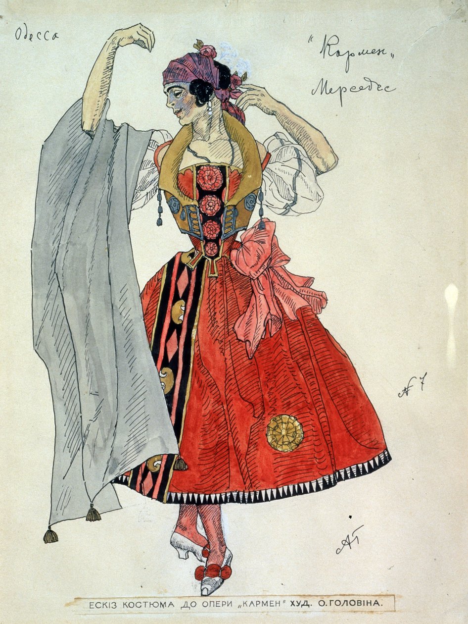 Kostumedesign til operaen Carmen af ​​Georges Bizet (1838-1875) (Kostumedesign til operaen Carmen af ​​G.Bizet). Værk af Alexander Yakovlevich Golovin (Alexander Golovin) (1863-1930), blæk og akvarel på papir af Aleksandr Jakovlevic Golovin