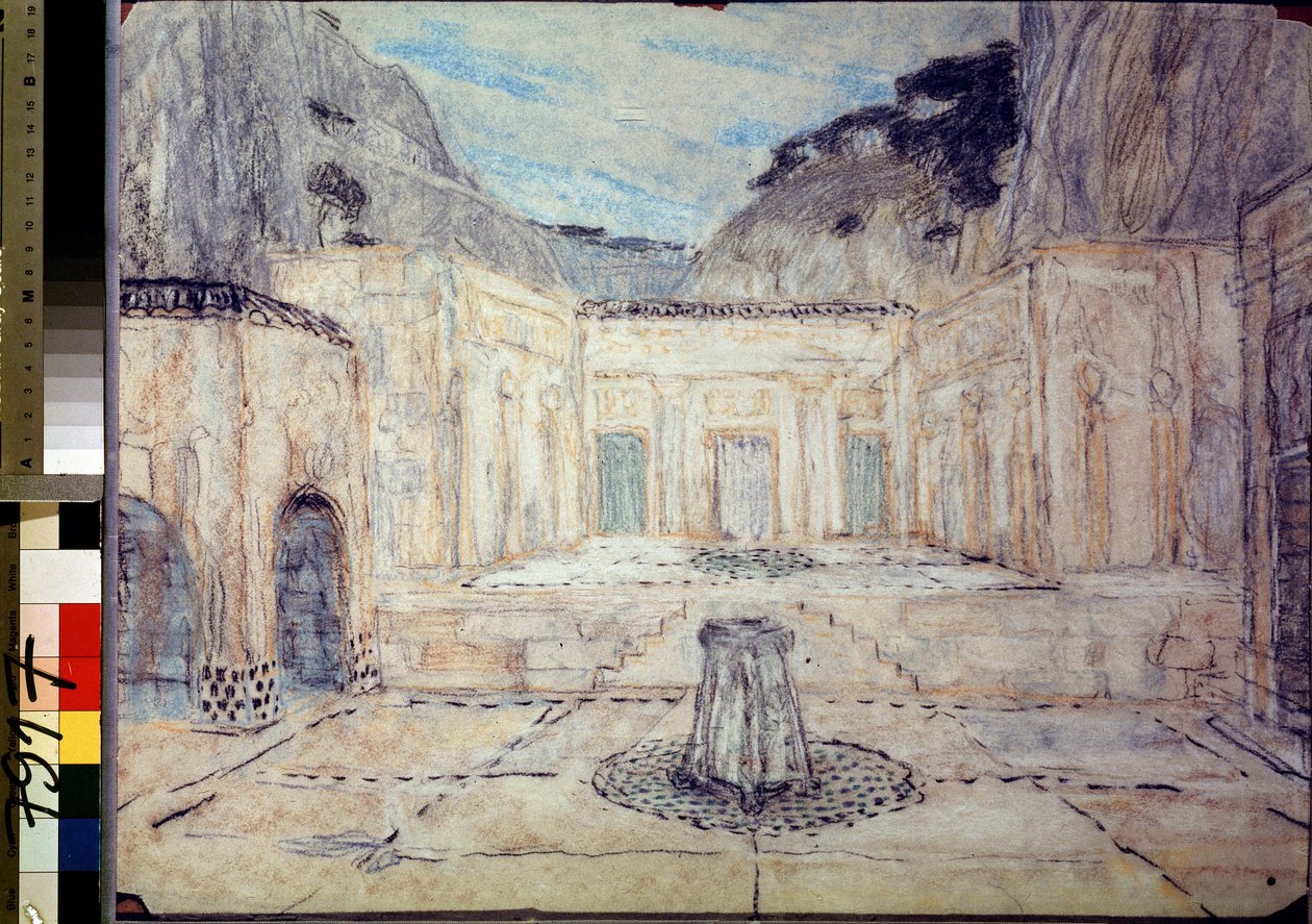 Scenografi til tragedien Antigone efter Sofokles (496 f.Kr.-406 f.Kr.) (Scenedesign til tragedien Antigone efter Sofokles). En offentlig plads omgivet af antikke bygninger, beliggende i et bjerglandskab. Alexanders arbejde af Aleksandr Jakovlevic Golovin