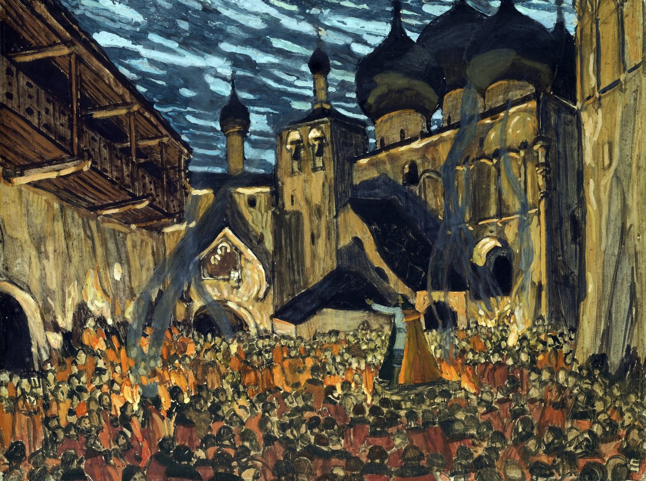 Scenedesign til operaen Maid of Pskov af N. Rimsky-Korsakov - Golovin, Alexander Yakovlevich (1863-1930) - 1901 - Tempera på pap - 39x52 - Privat samling af Aleksandr Jakovlevic Golovin