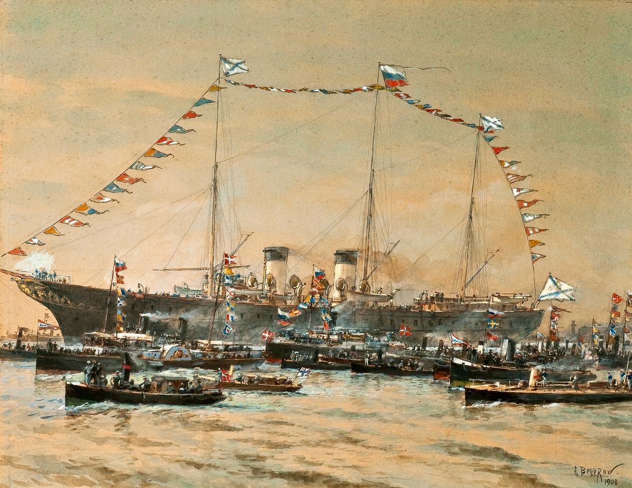 Kejser Nicholas II besøger sin Yacht Polestar, 1908 af Aleksandr Karlovich Beggrov