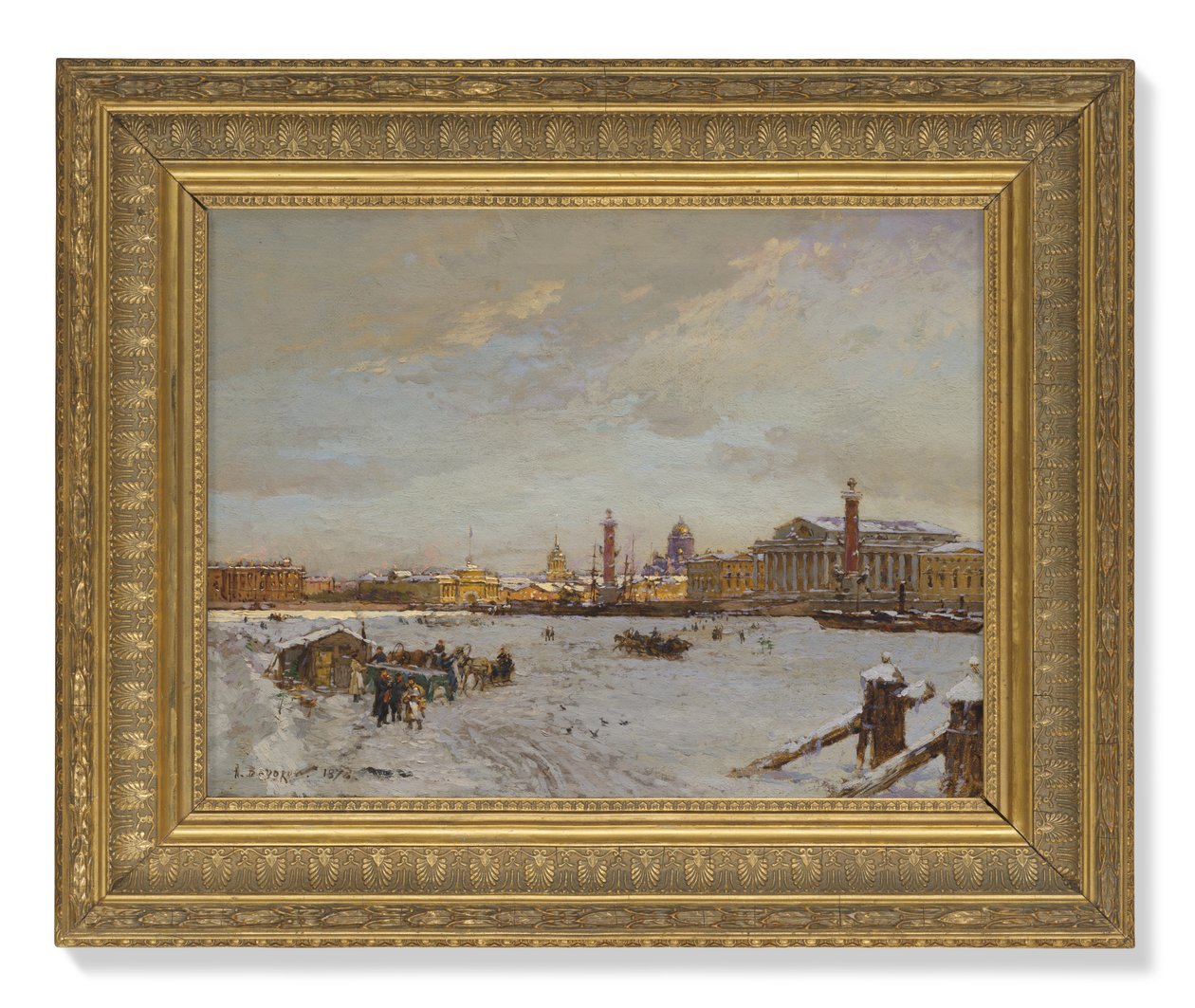 Udsigt over det frosne Neva, Rostral-søjlerne, St. Isaac