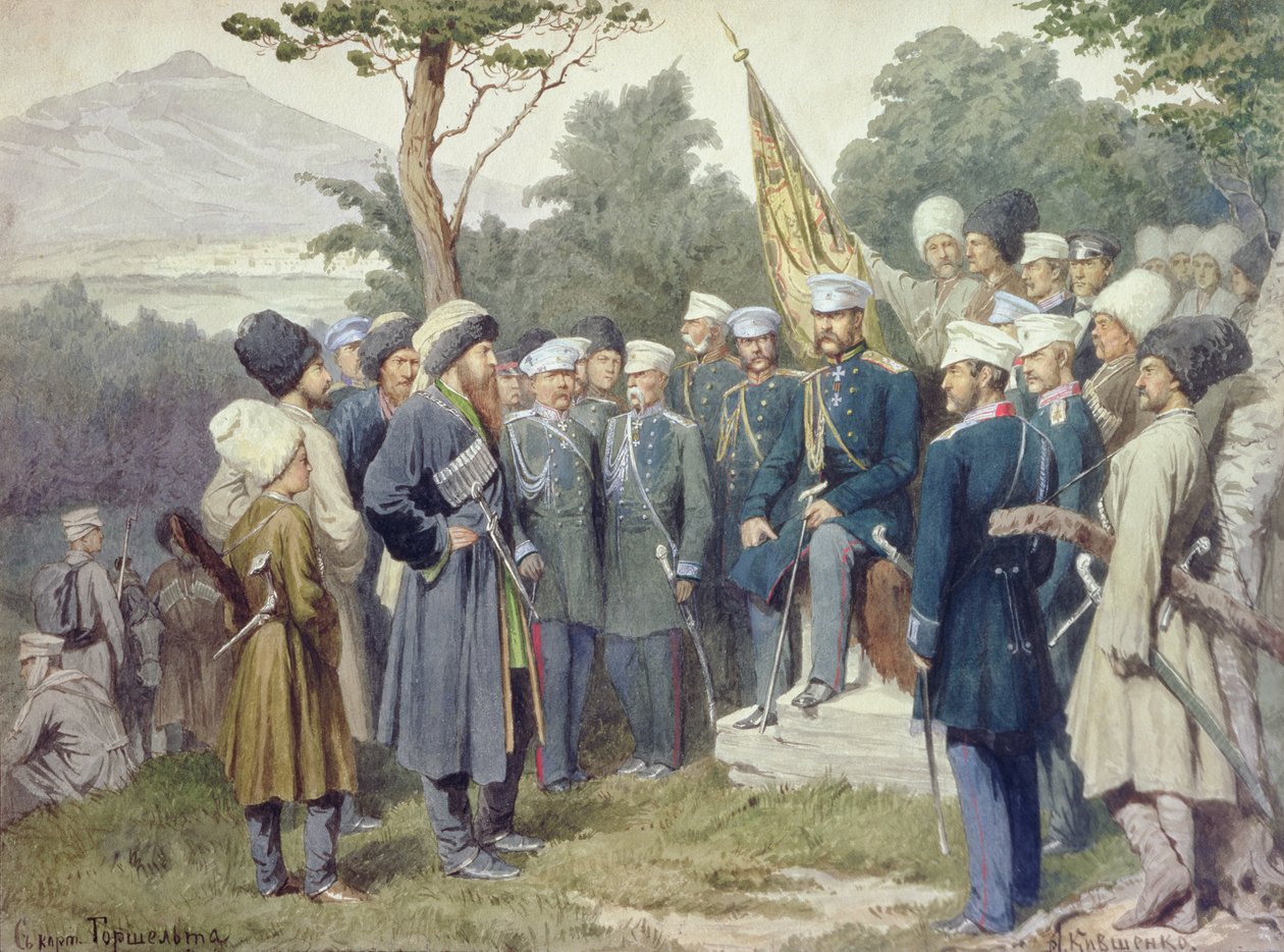 Den kaukasiske leder Shamil (ca. 1798-1871) overgav sig til grev Baryatinsky i 1859, 1880 af Aleksei Danilovich Kivshenko