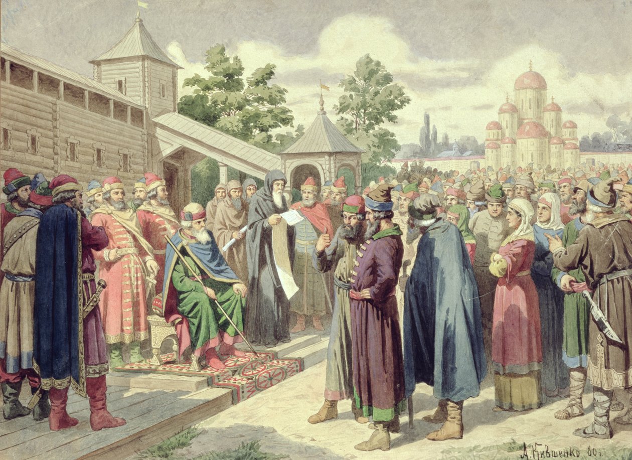 Læsning af koden i nærværelse af storhertug Jaroslav af Novgorod, 1880 (wc på lærred) af Aleksei Danilovich Kivshenko