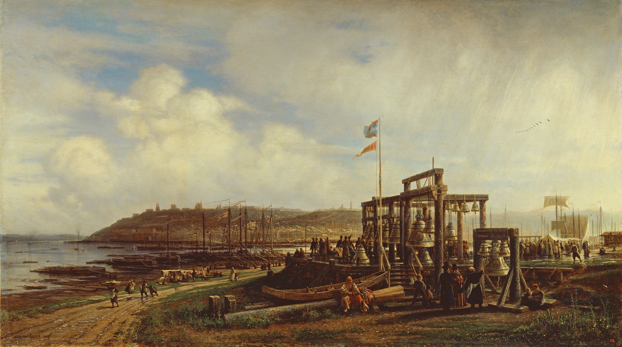 Klokkeboder på et marked i Nizhny Novgorod, 1862 af Aleksei Petrovich Bogolyubov