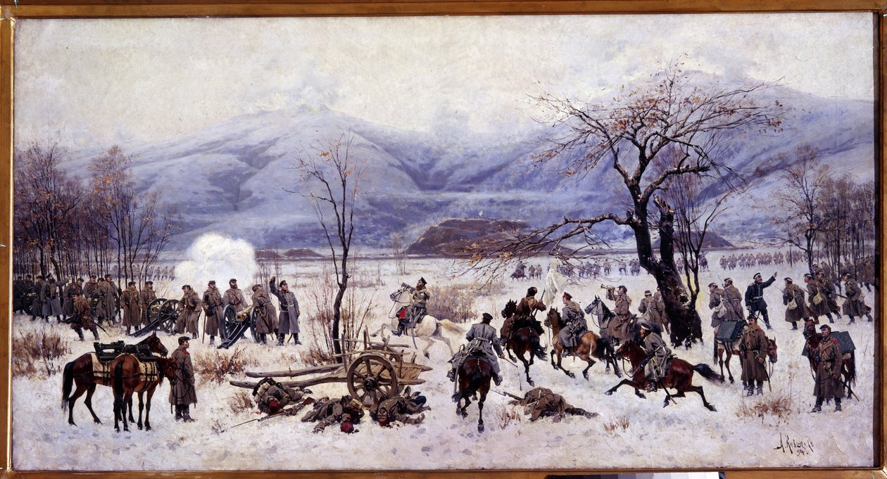 Russisk-tyrkisk (russisk-tyrkisk) krig (1877-1878): Det fjerde slag ved Shipka-passet i Bulgarien fra 5. til 9. januar 1878 (Det fjerde slag ved Shipka-passet). Maleri af Alexei Danilovich Kivshenko (1851-1895) af Aleksei Danilovich Kivshenko