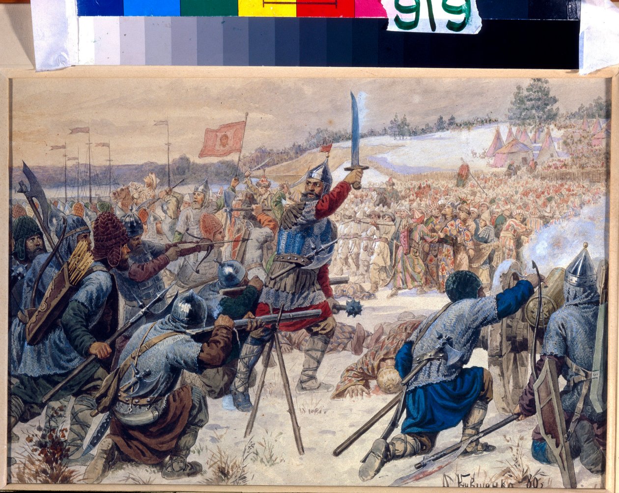 Erobringen af ​​Sibirien af ​​Yermak Timofeyevitch (cirka 1540-1585) (The Conquest of SIbiria by Yermak). Mellem 1575 og 1583 førte Yermak en troppe kosakker for at udforske og erobre Sibirien. Værk af Alexei Danilovich Kivshenko (1851-18 af Aleksei Danilovich Kivshenko