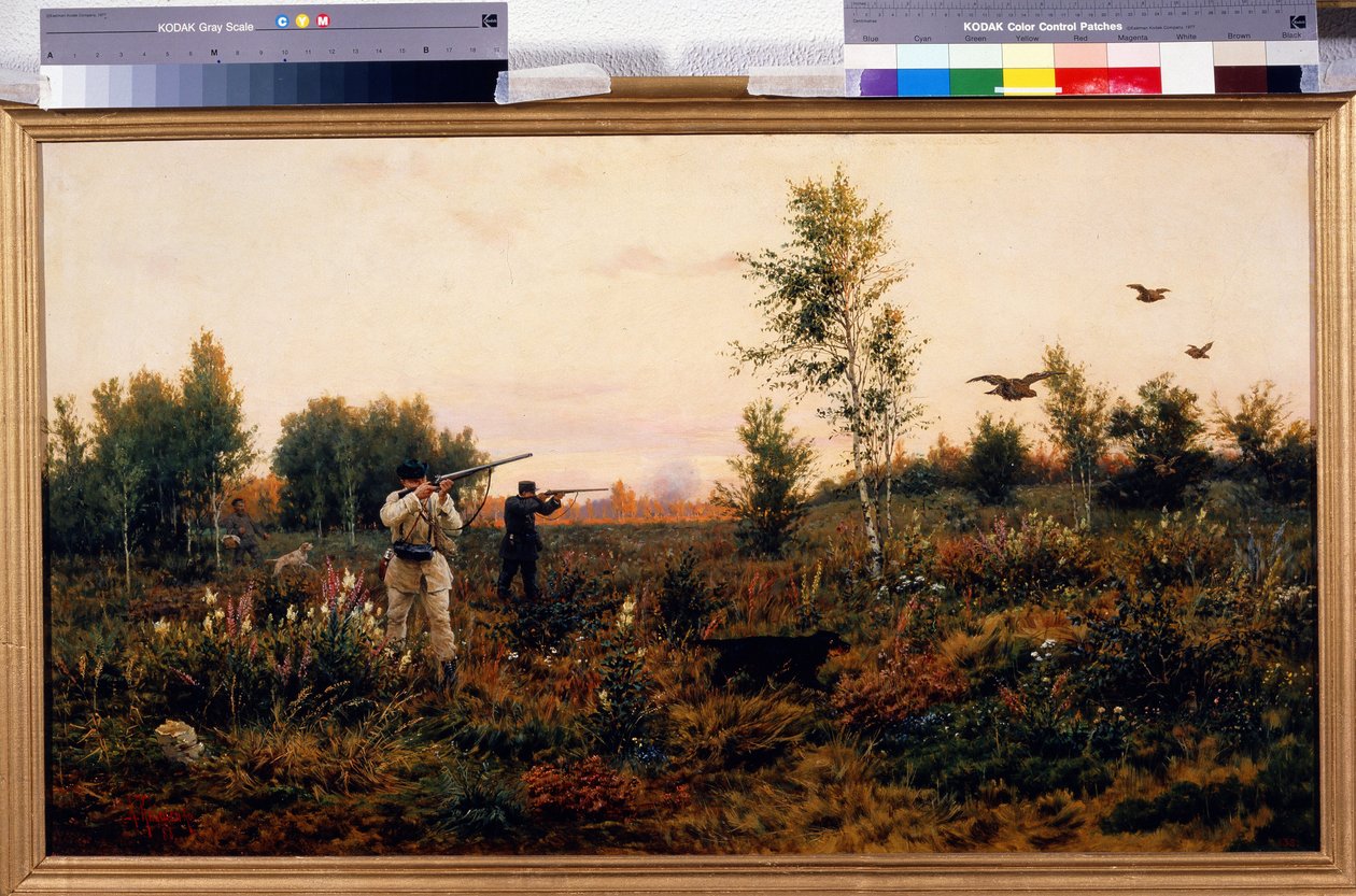 Blackcock skydning. Jagtscene. Maleri af Alexei Danilovich Kivshenko (1851-1895), olie på lærred af Aleksei Danilovich Kivshenko