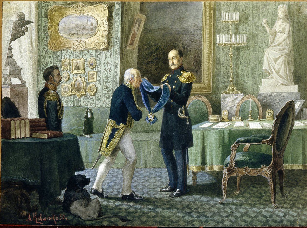 Kejser Nicholas I af Rusland (1796-1855) overrækker det blå bånd af Sankt Andres orden til grev Mikhail Speranski (1772-1839). (Kejser Nicholas I tildeler det blå bånd af St. Andrews orden til grev Michail Speransky). Værk af Alexei Danilovich af Aleksei Danilovich Kivshenko