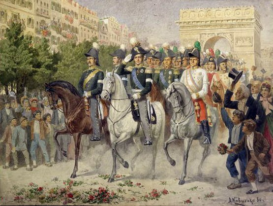 Russiske og allierede styrker marcherer ind i Paris, 1880 (wc på papir) af Aleksei Danilovich Kivshenko