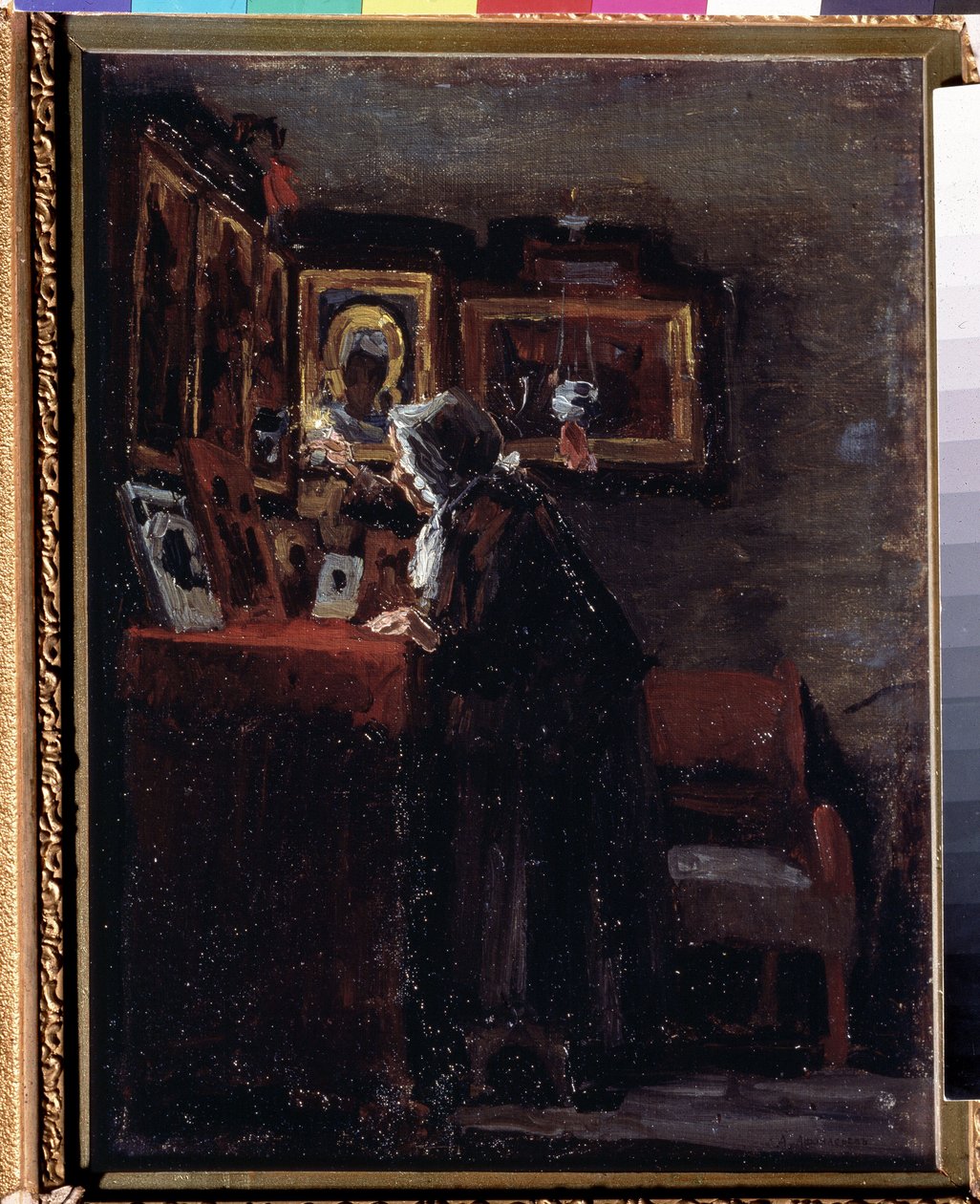 Før en religiøs fest (Før en religiøs fest) - Maleri af Aleksei Fyodorovich Afanasyev (Alexis Afanasyev) (1850-1920) - Olie på lærred, 41 x 31,5 cm af Aleksei Fyodorovich Afanasyev