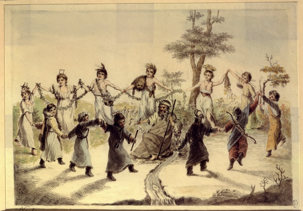 Allegori over årets tolv måneder. (Allegori om årets tolv måneder). Tolv karakterer (børn, kvinde, mand), hver kendetegnet ved et symbolsk tilbehør eller en detalje af hans kostume, kredser om en gammel mand med en krone, af Aleksei Gavrilovich Venetsianov