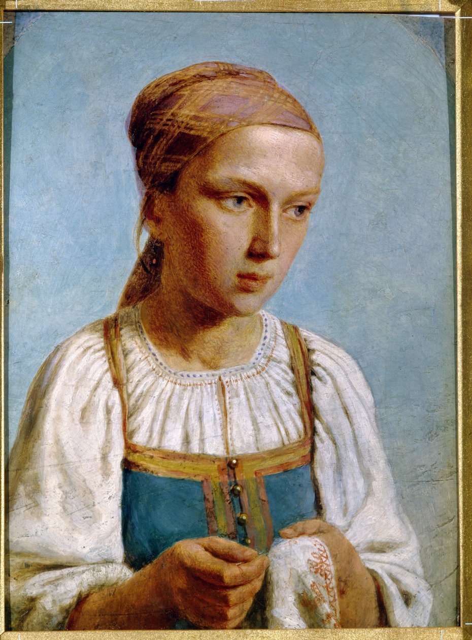 Landbroderer. (Broderi Country Girl). Portræt af en ung pige, iført den traditionelle russiske kjole, med nål og arbejde i hænderne. Værk af Alexei (Alexis) Gavrilovich Venetsianov (1780-1847), olie på pap af Aleksei Gavrilovich Venetsianov