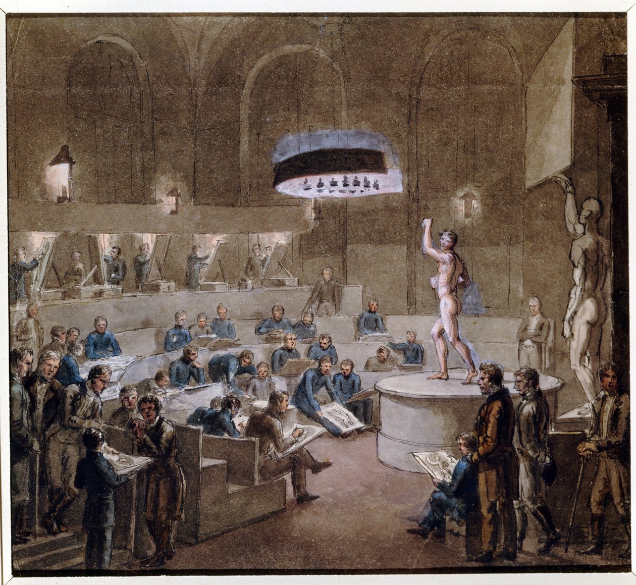 Lektioner baseret på levende modeller på Kunstakademiet (Modelklasse på Kunstakademiet). Værk af Alexei (Alexis) Gavrilovich Venetsianov (1780-1847), akvarel på papir af Aleksei Gavrilovich Venetsianov
