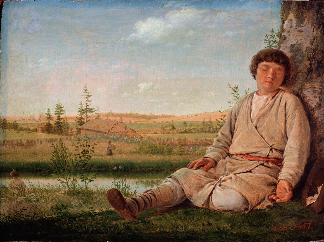 Garcon berger endormi (sovende hyrde-dreng) - Peinture de Alexey Gavrilovich Venetsianov (1780-1847), huile sur toile af Aleksei Gavrilovich Venetsianov