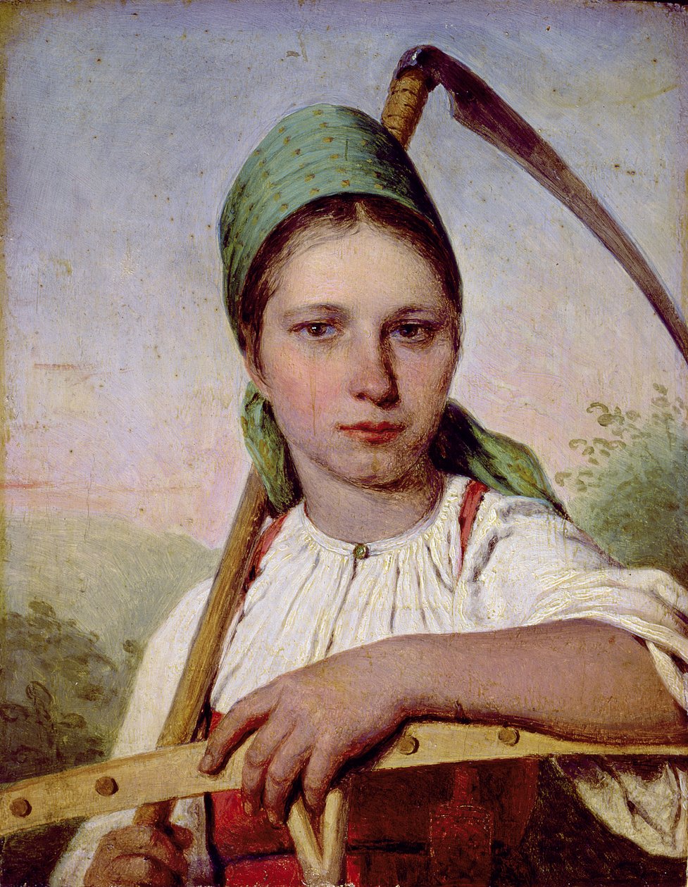 Bondekvinde med le og rive, ca. 1825 (olie på panel) af Aleksei Gavrilovich Venetsianov