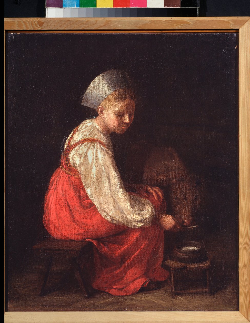 En bondepige med en kalv - Maleri af Alexei Gavrilovich Venetsianov (1780-1847), olie på lærred af Aleksei Gavrilovich Venetsianov