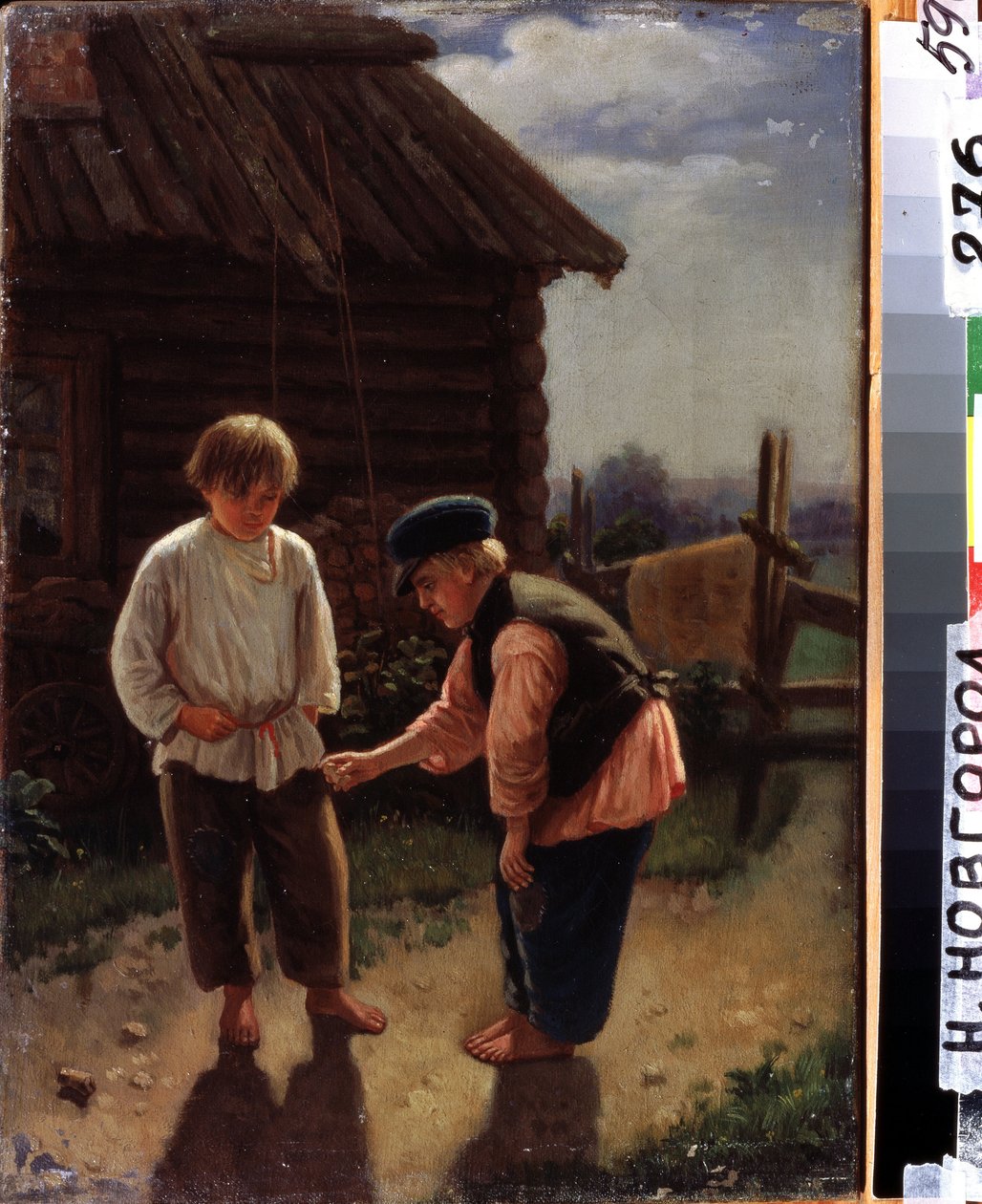 Spil Knucklebones. To barfodede børn leger i gården foran et træhus på landet. Maleri af Alexei Ivanovich Korzukhin (1835-1894), olie på lærred. 1800-tallet russisk kunst. Statens kunstmuseum, Nizhny Novgorod (R af Aleksei Ivanovich Korzukhin