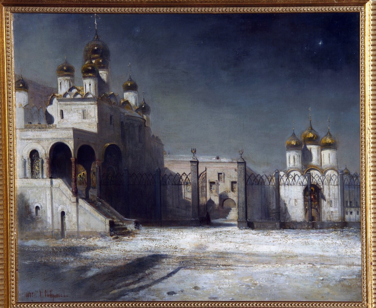 Katedralpladsen i Kreml i Moskva om natten. (Katedralpladsen i Kreml i Moskva om natten). Maleri af Alexei Kondratyevich Savrasov (Savrasov) (1830-1897), olie på lærred af Alexei Kondratjewitsch Sawrassow